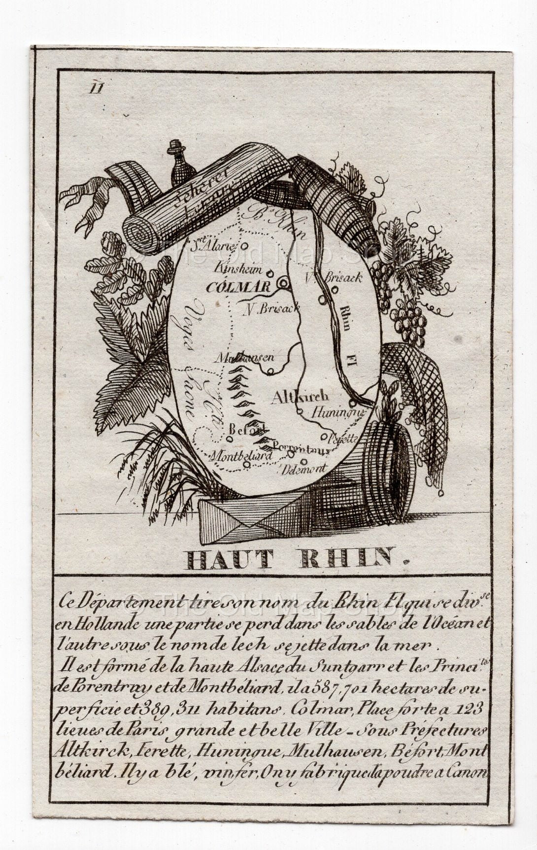 c.1836 Haut-Rhin France antique card map showing Colmar by Bourrut-Le Meri, 3rd edition