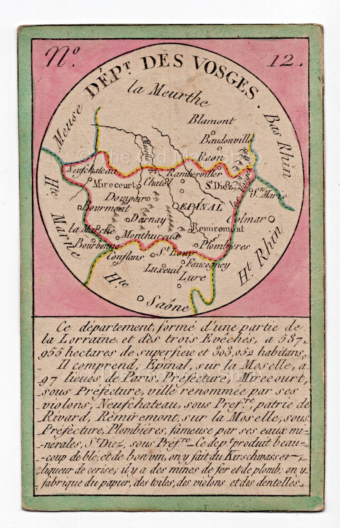 Hand-coloured c.1819 Vosges France antique card map by Bourrut-Le Meri, rare first edition