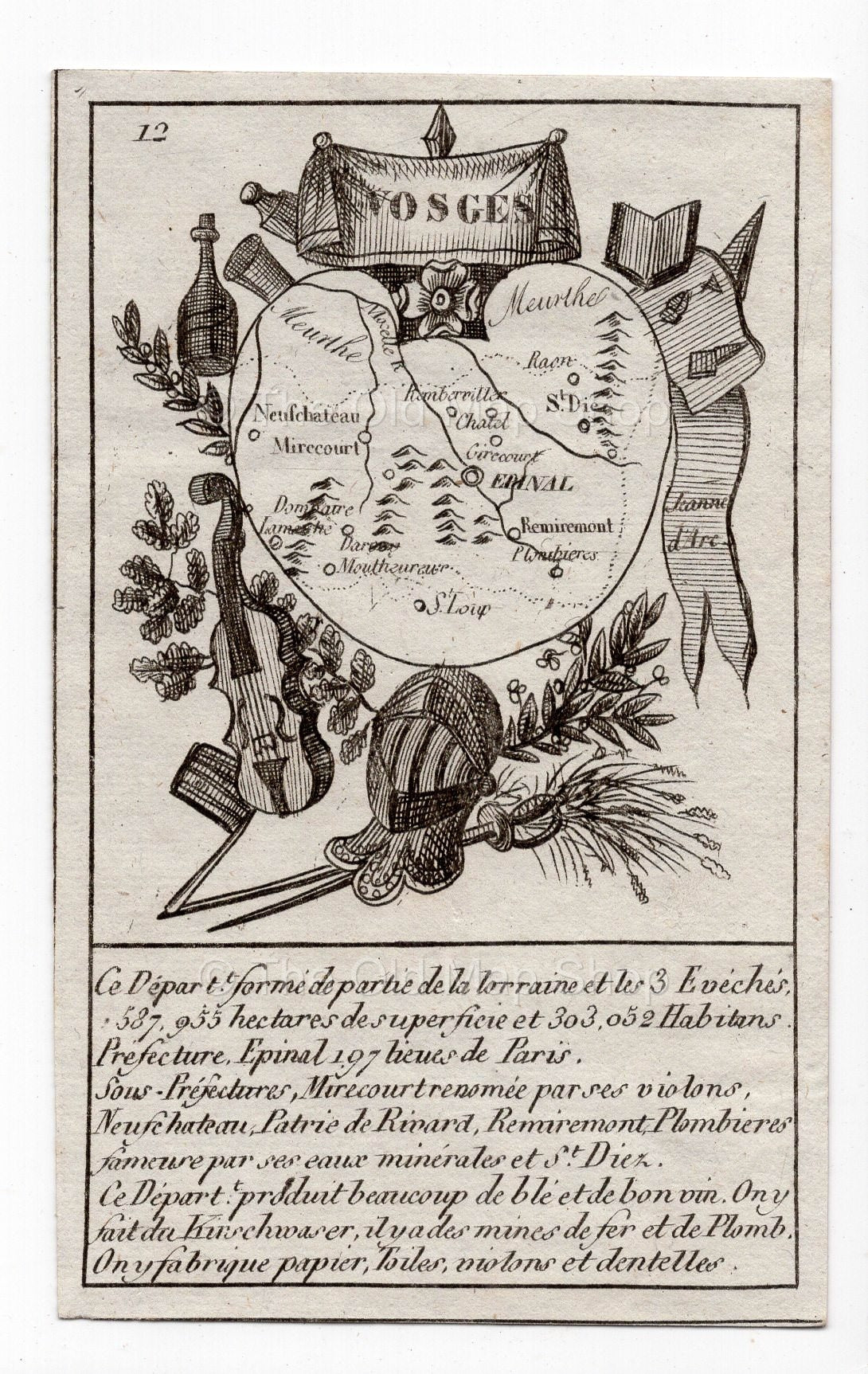 c.1836 Vosges France antique card map showing Epinal by Bourrut-Le Meri, 3rd edition