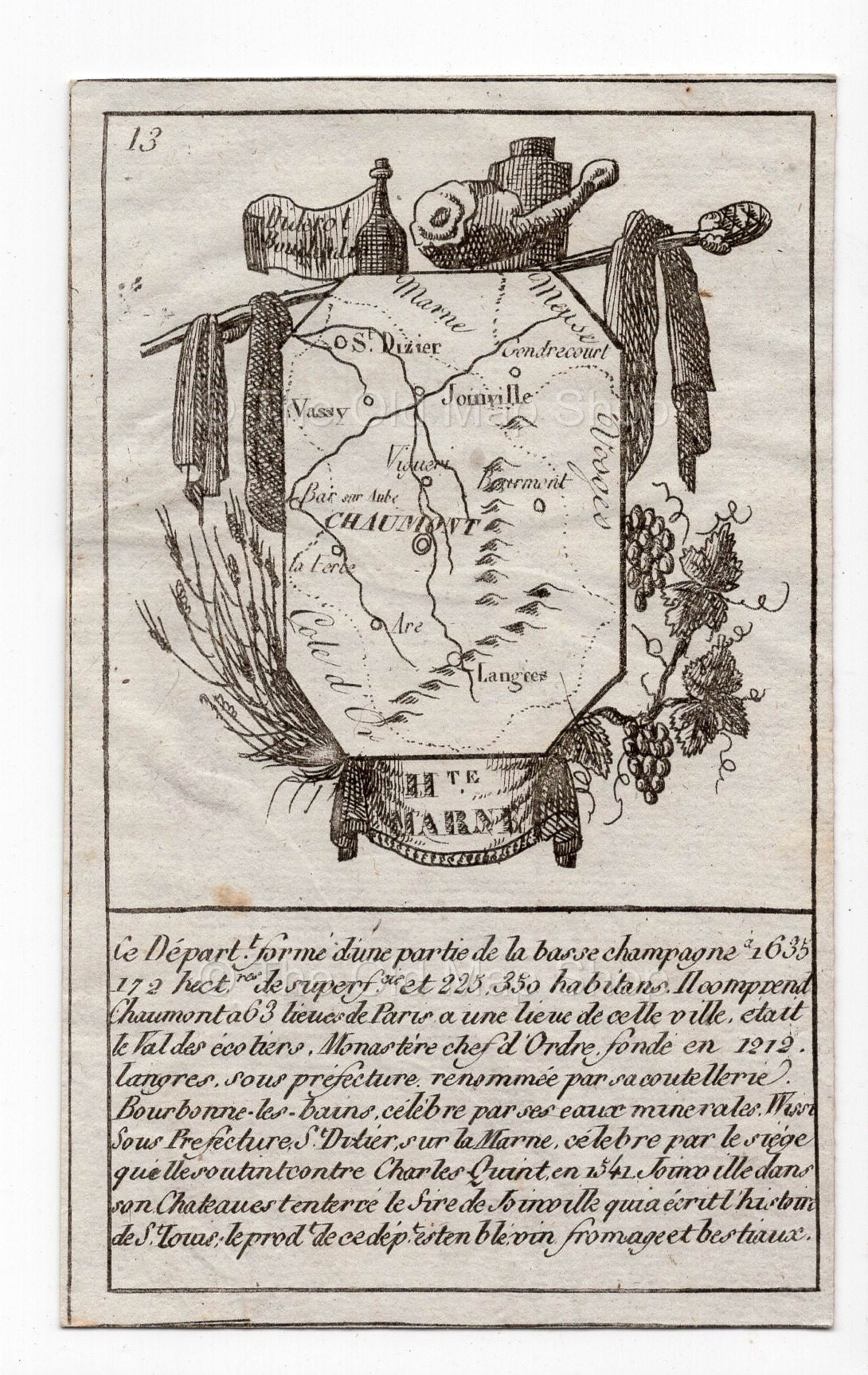 c.1836 Haute-Marne France antique card map showing Chaumont by Bourrut-Le Meri, 3rd edition