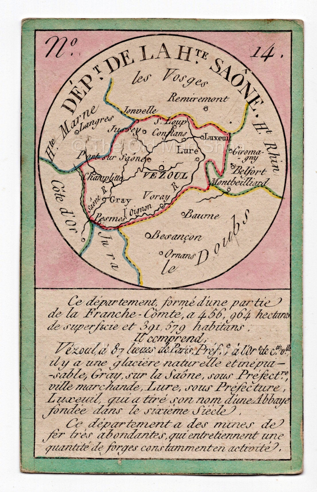 Hand-coloured c.1819 Haute-Saone France antique card map by Bourrut-Le Meri, rare first edition