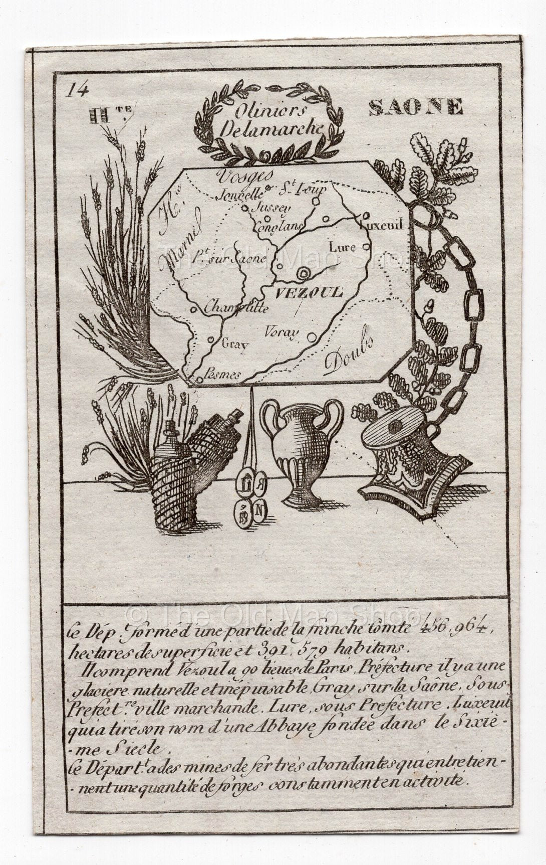 c.1836 Haute-Saône France antique card map showing Vesoul by Bourrut-Le Meri, 3rd edition