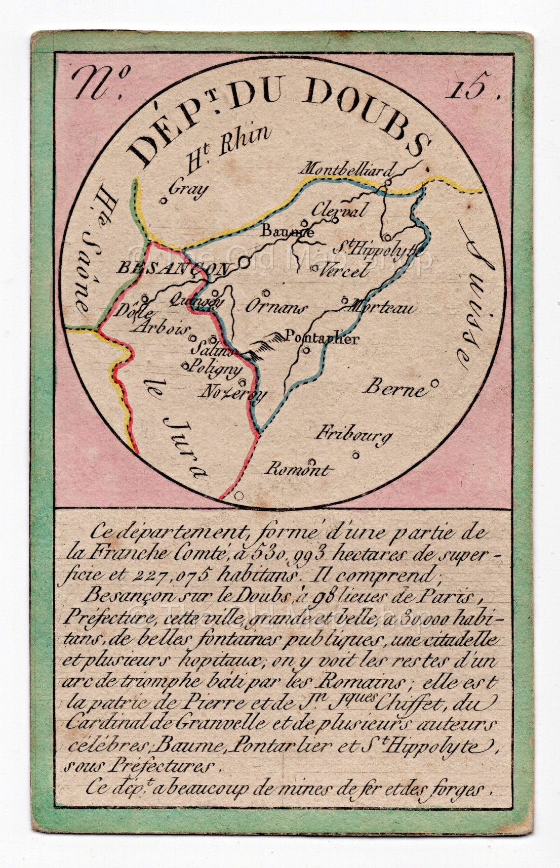 Hand-coloured c.1819 Doubs France antique card map by Bourrut-Le Meri, rare first edition