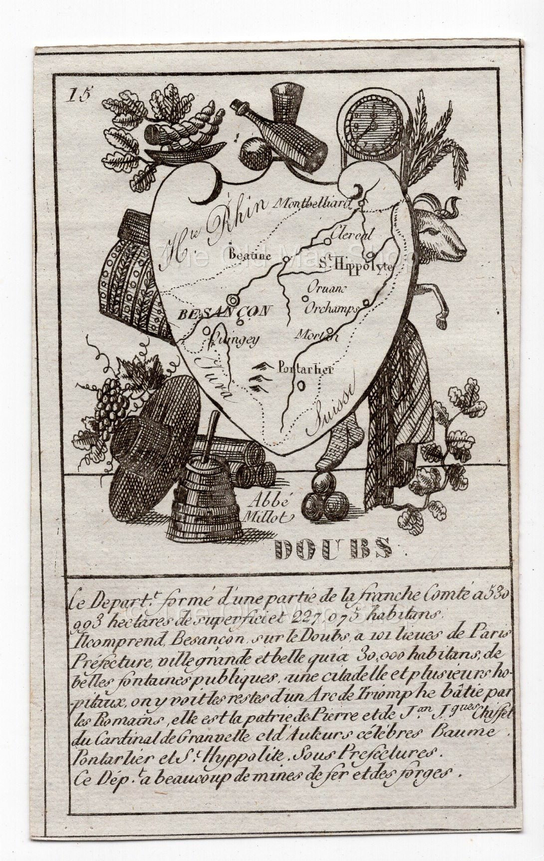 c.1836 Doubs France antique card map showing Besancon by Bourrut-Le Meri, 3rd edition