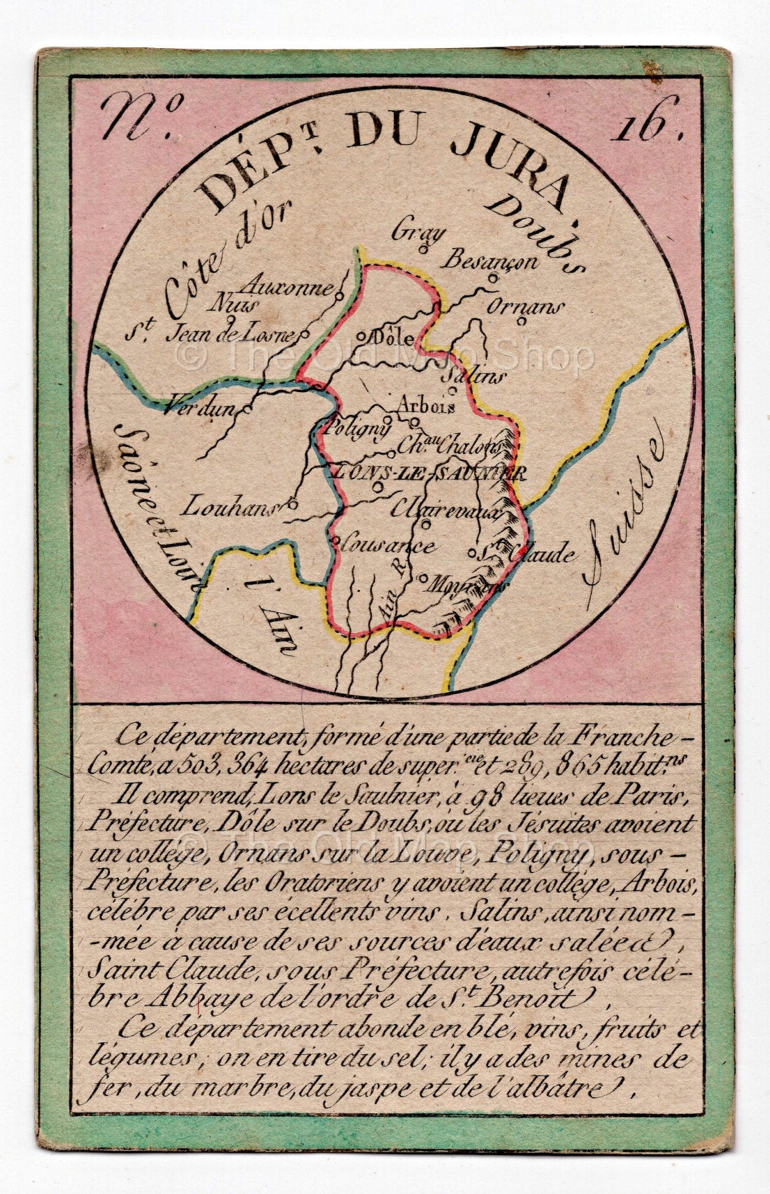 Hand-coloured c.1819 Jura France antique card map by Bourrut-Le Meri, rare first edition