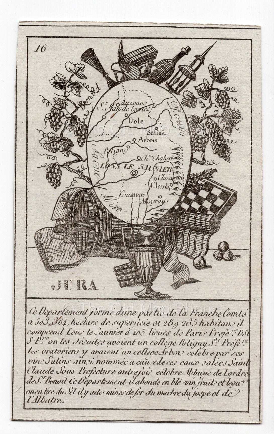 c.1836 Jura France antique card map showing Lons-le-Saunier by Bourrut-Le Meri, 3rd edition