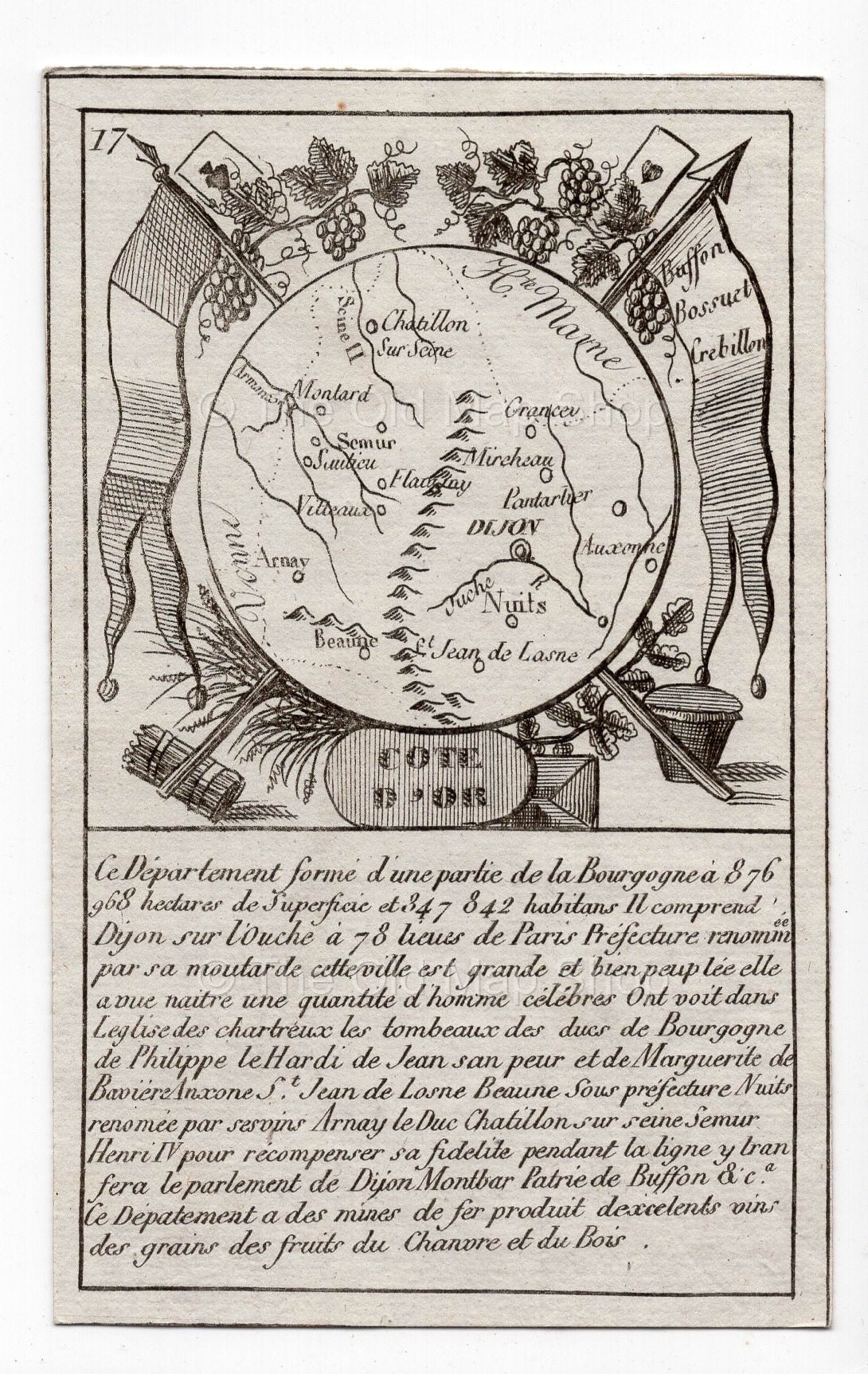 c.1836 Côte-d'Or France antique card map showing Dijon by Bourrut-Le Meri, 3rd edition