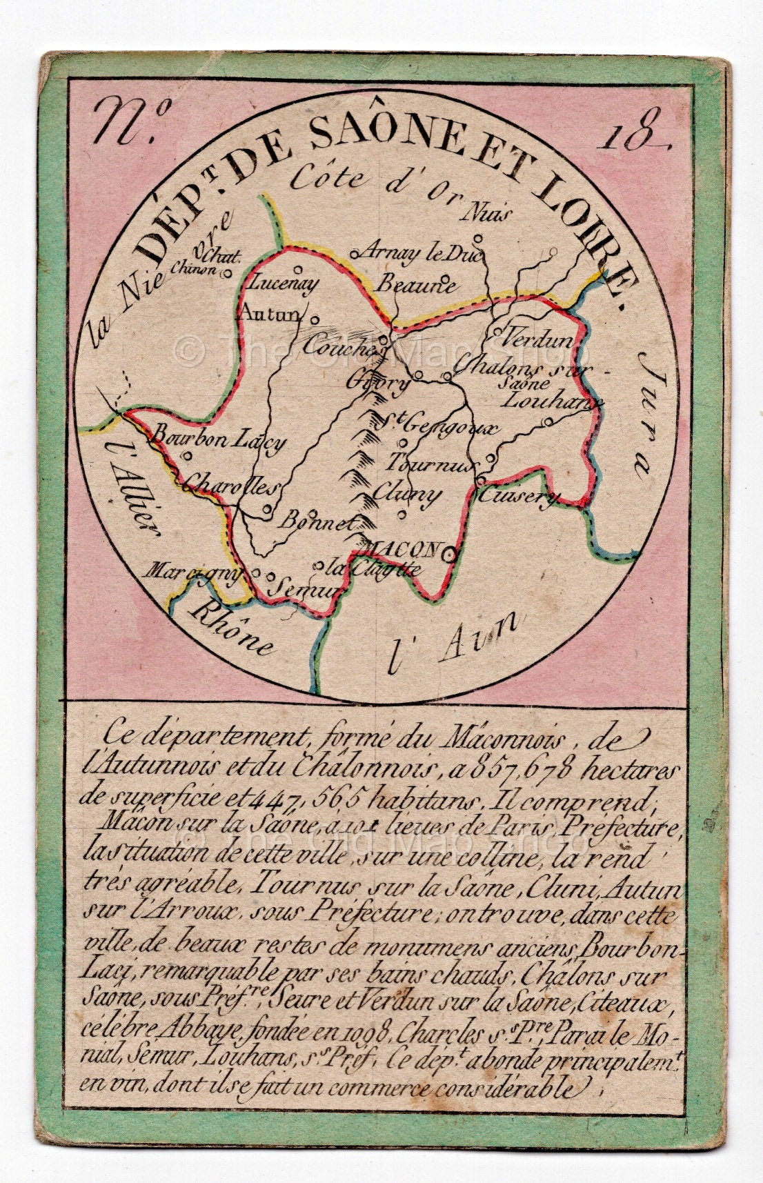 Hand-coloured c.1819 Saone-et-Loire France antique card map by Bourrut-Le Meri, rare first edition