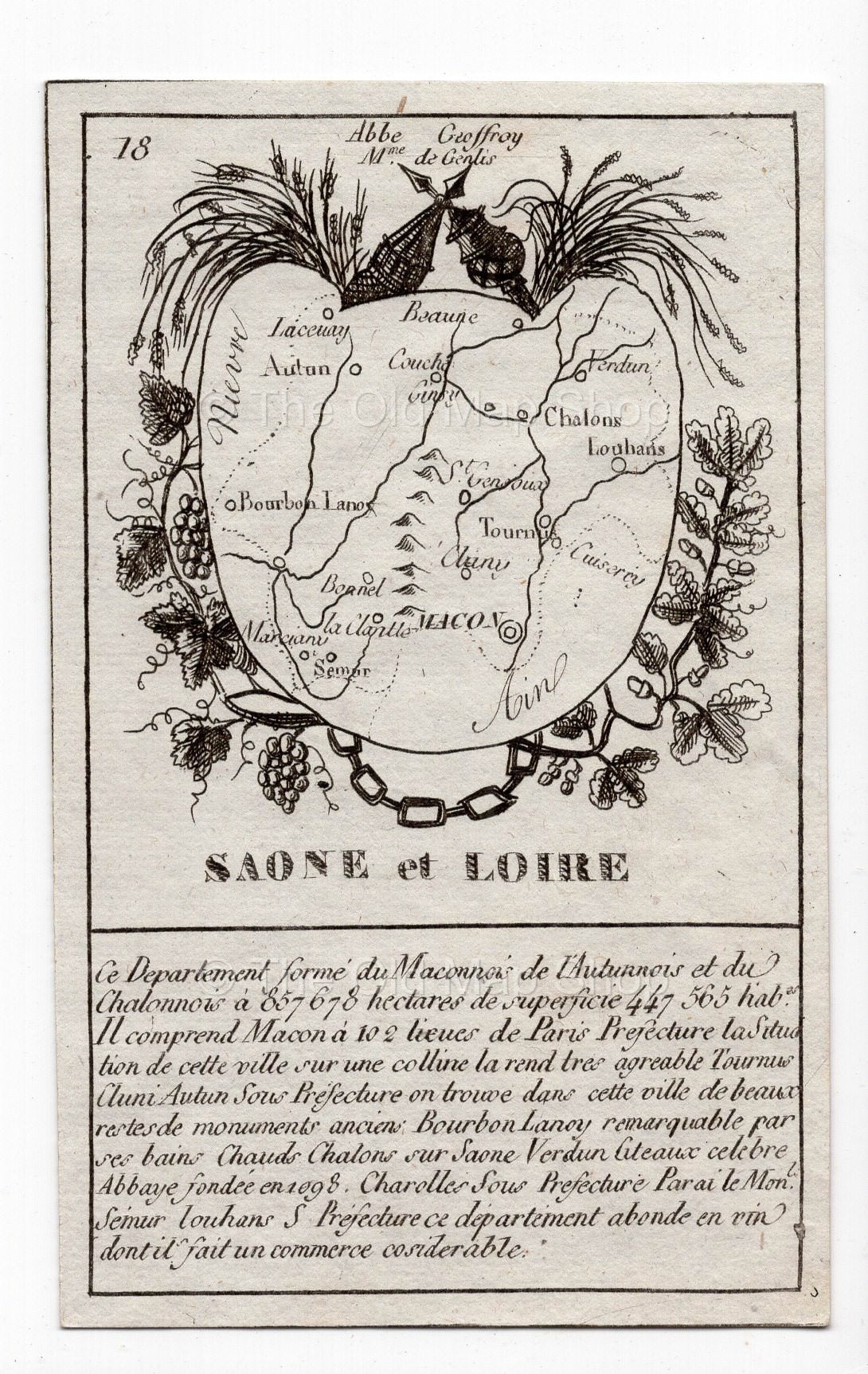 c.1836 Saône-et-Loire France antique card map showing Macon by Bourrut-Le Meri, 3rd edition