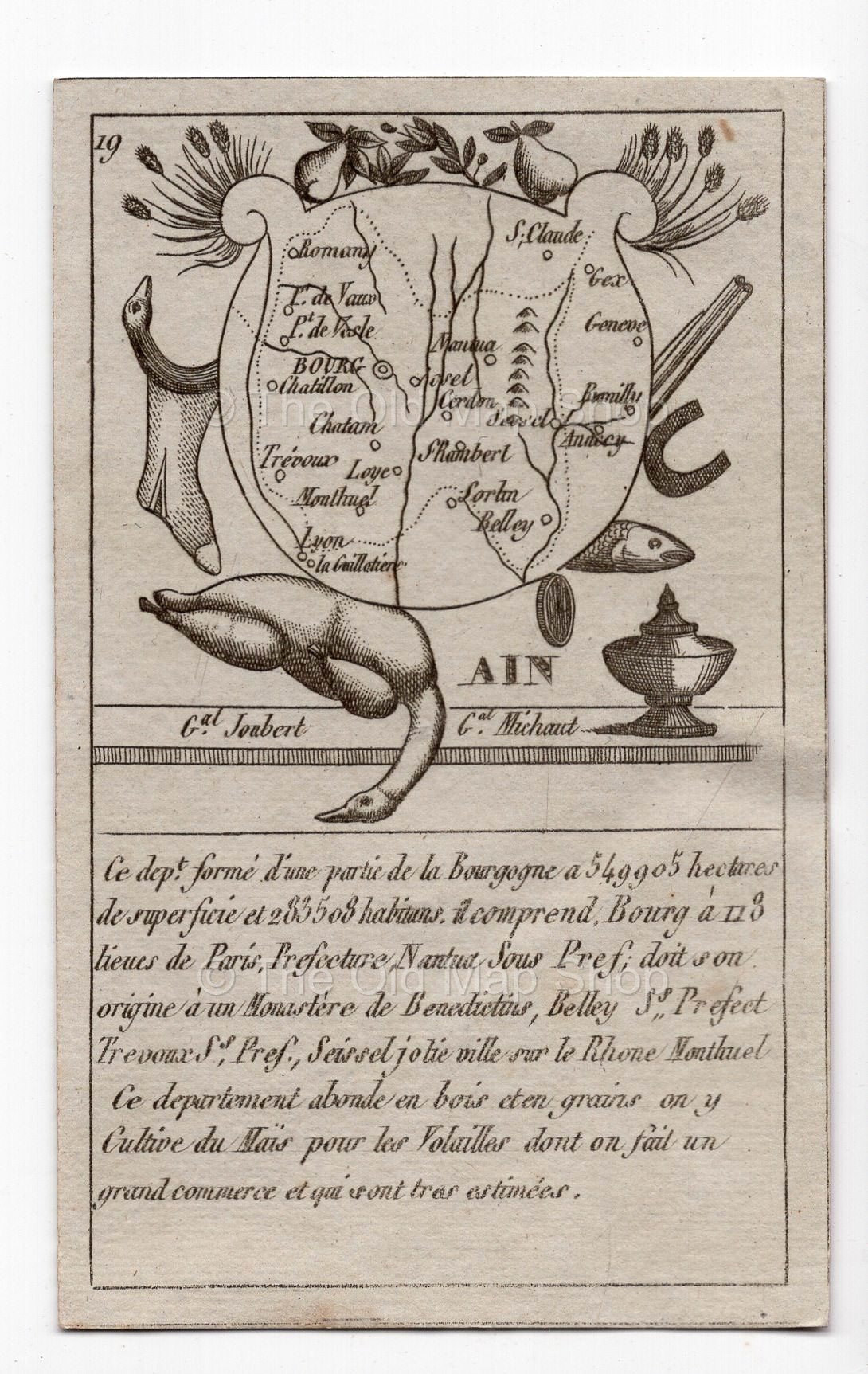 c.1836 Ain France antique card map showing Bourg-en-Bresse & Lyon by Bourrut-Le Meri, 3rd edition