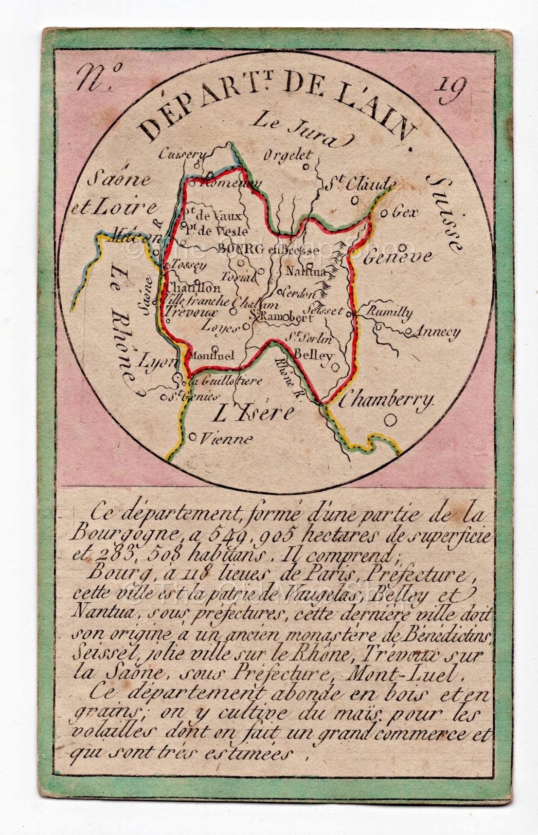 Hand-coloured c.1819 Ain France antique card map by Bourrut-Le Meri, rare first edition