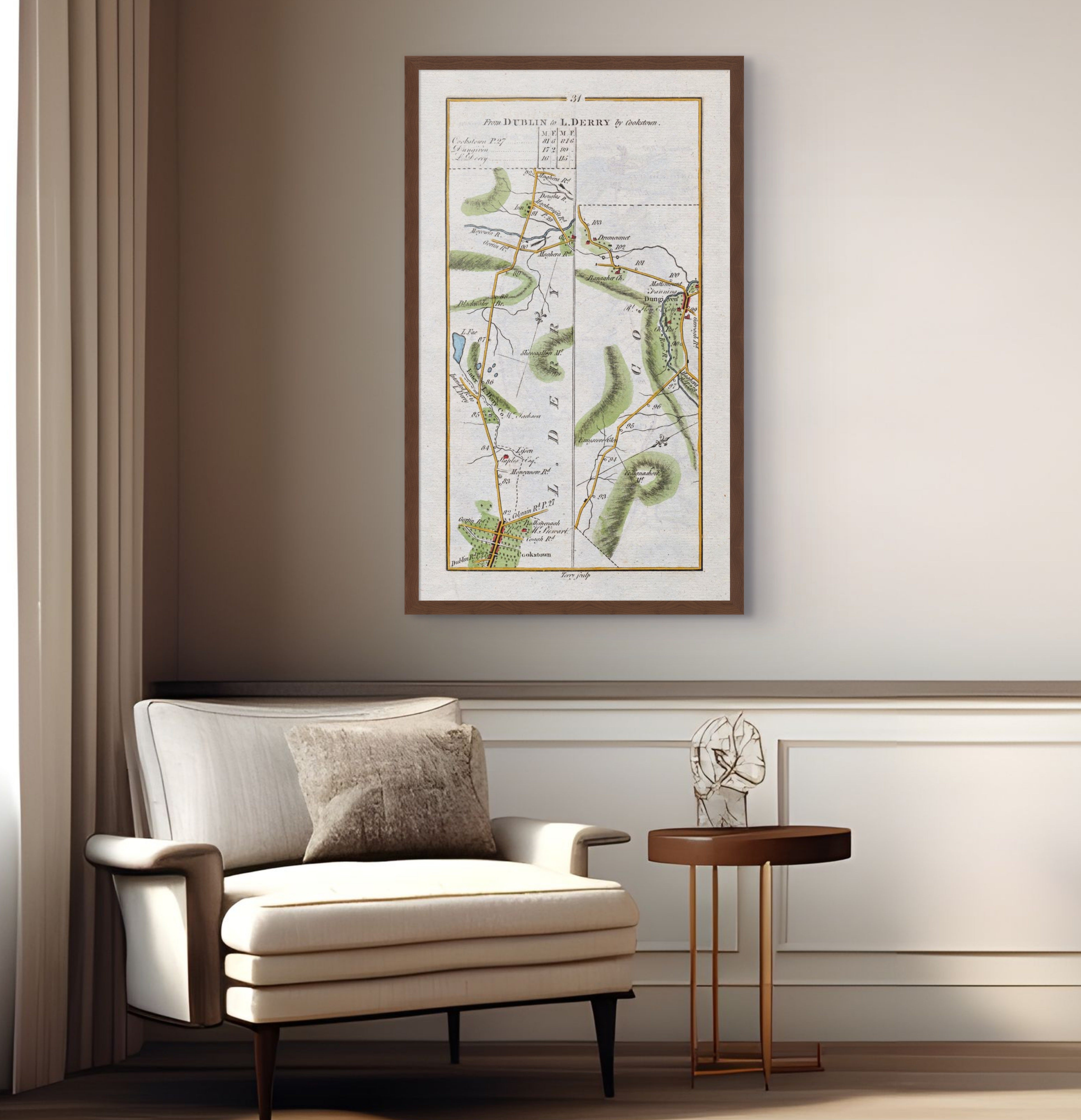 1783 Taylor & Skinner Cookstown, Dungiven, Lissan, Banagher and Londonderry Ireland road map displayed above an armchair in a neutral interior.