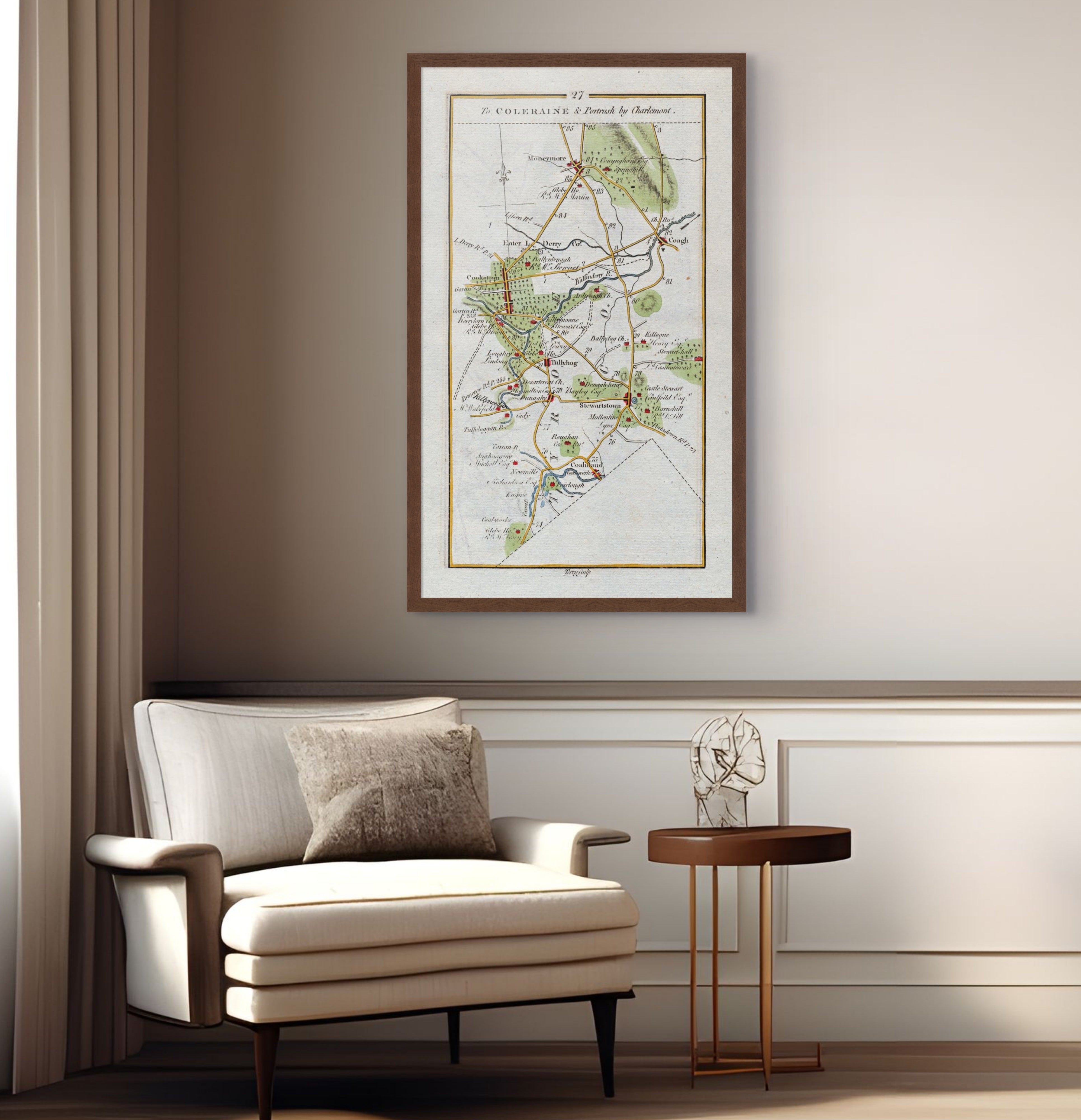1783 Taylor & Skinner Cookstown, Moneymore, Coagh, Stewartstown and Tullyhogue Ireland road map displayed above an armchair in a neutral interior.
