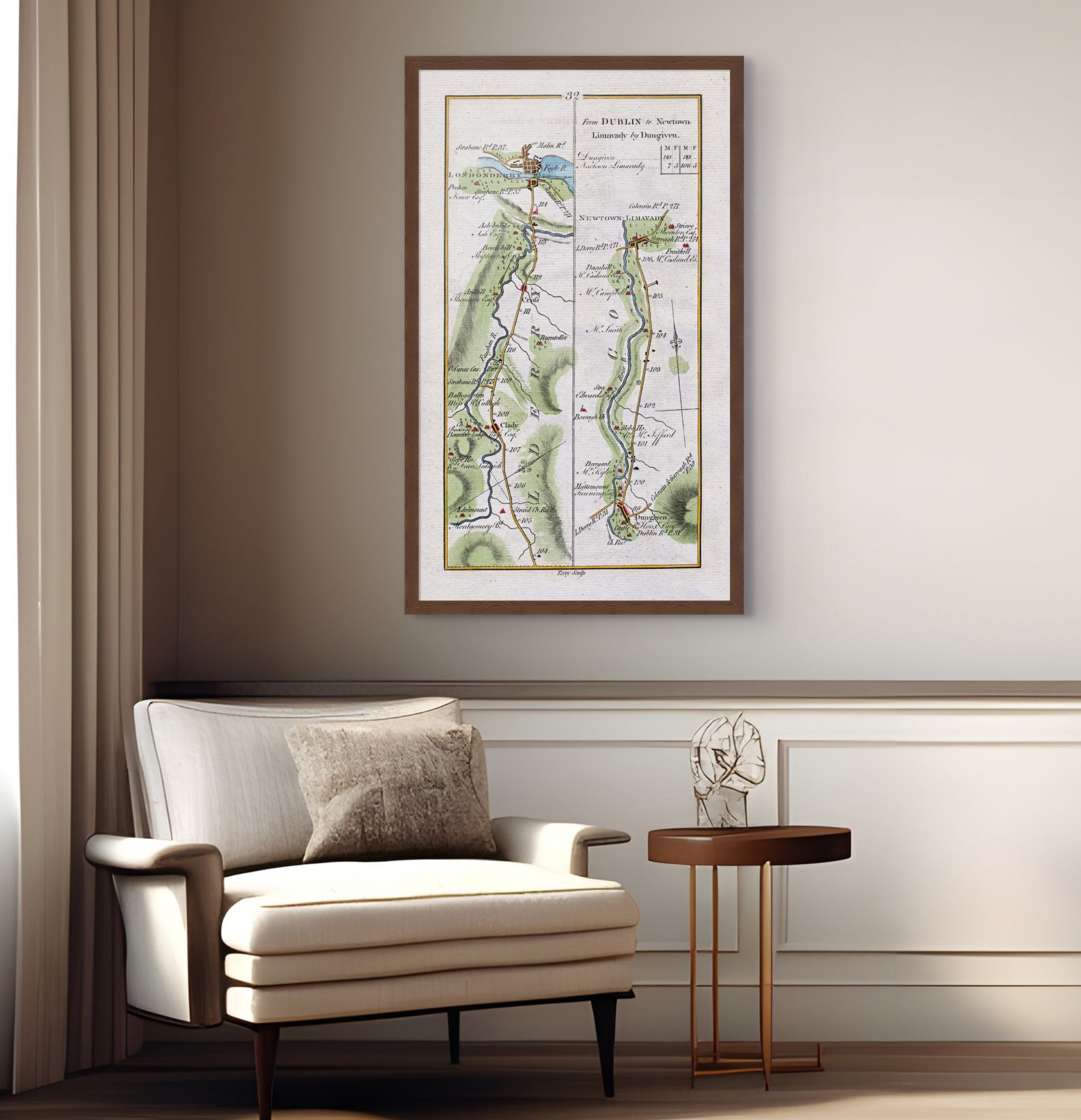 1783 Taylor & Skinner Londonderry, Limavady, Dungiven, Clady and River Roe Ireland road map displayed above an armchair in a neutral interior.