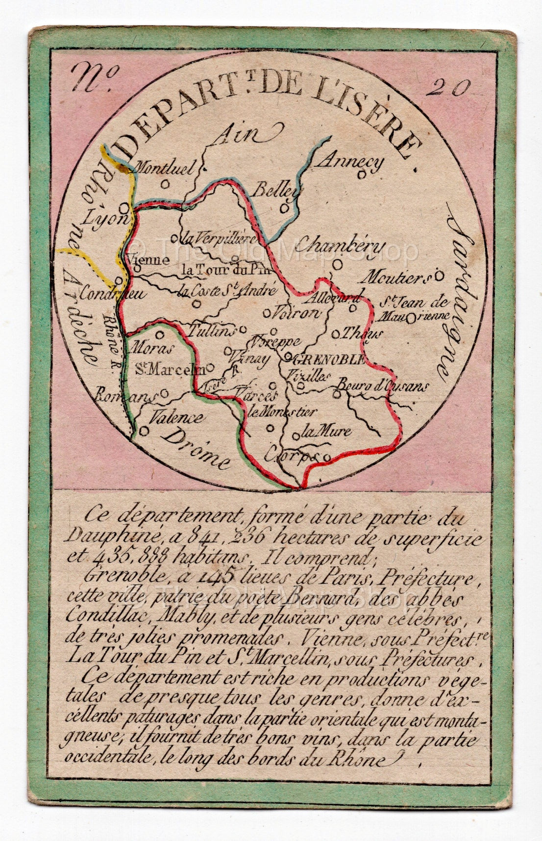 Hand-coloured c.1819 Isere France antique card map by Bourrut-Le Meri, rare first edition