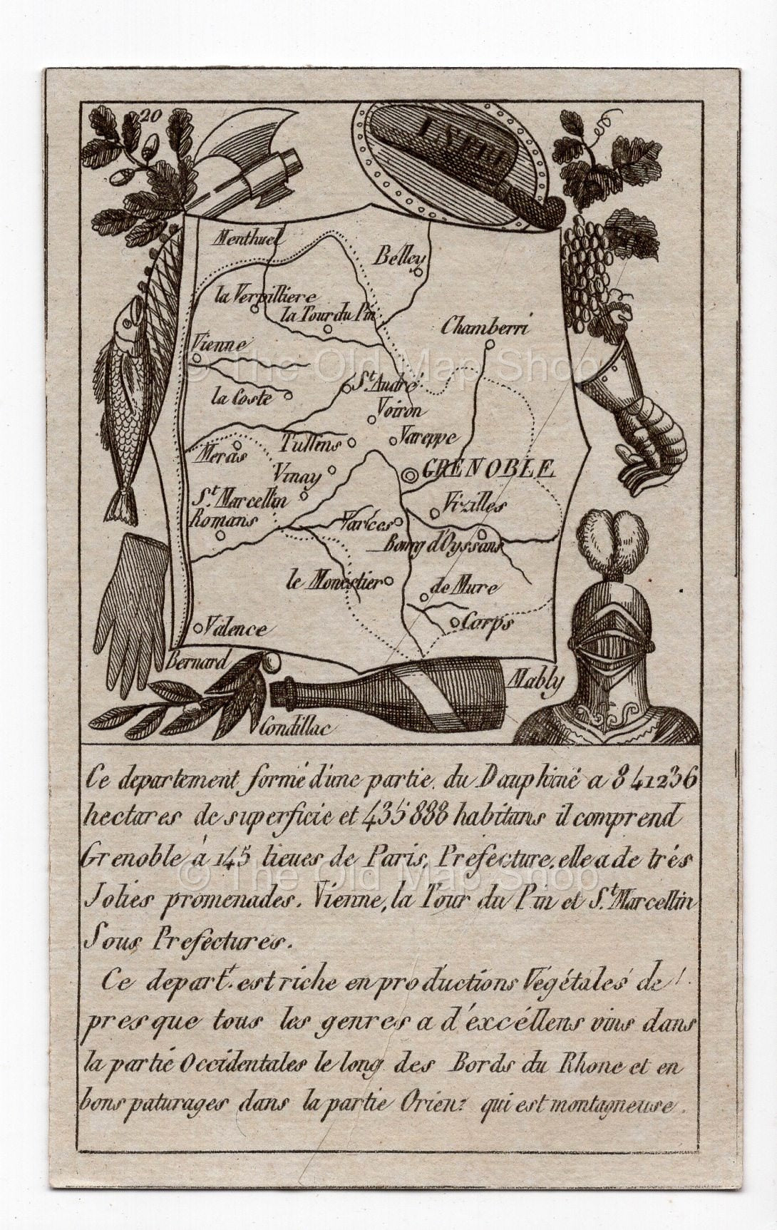 c.1836 Isère France antique card map showing Grenoble by Bourrut-Le Meri, 3rd edition