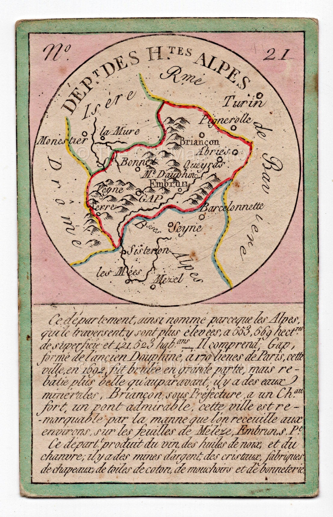 Hand-coloured c.1819 Hautes-Alpes France antique card map by Bourrut-Le Meri, rare first edition