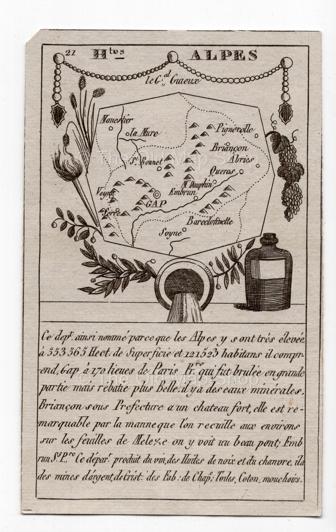 c.1836 Hautes-Alpes France antique card map showing Gap & Briancon by Bourrut-Le Meri, 3rd edition