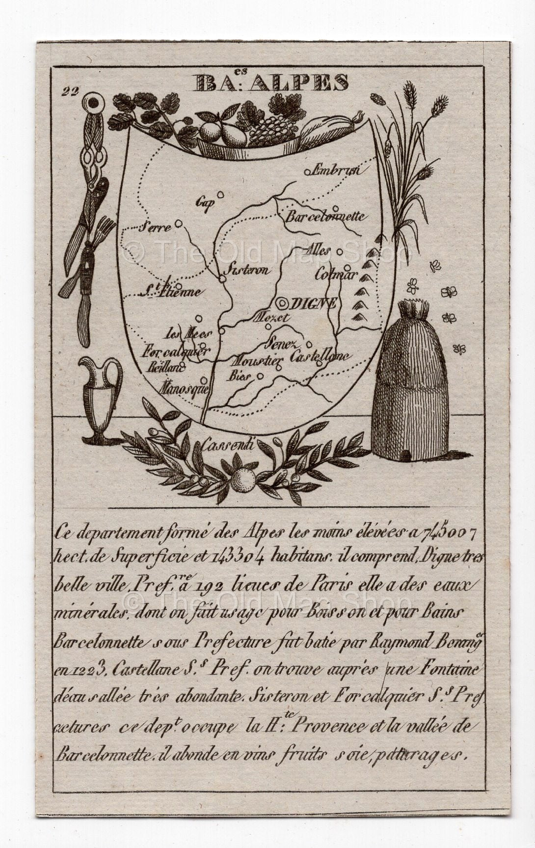c.1836 Basses-Alpes (Alpes-de-Haute-Provence) France antique card map by Bourrut-Le Meri, 3rd edition