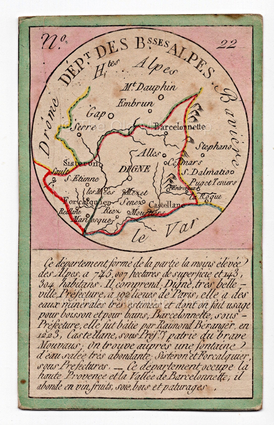 Hand-coloured c.1819 Bas-Alpes France antique card map by Bourrut-Le Meri, rare first edition