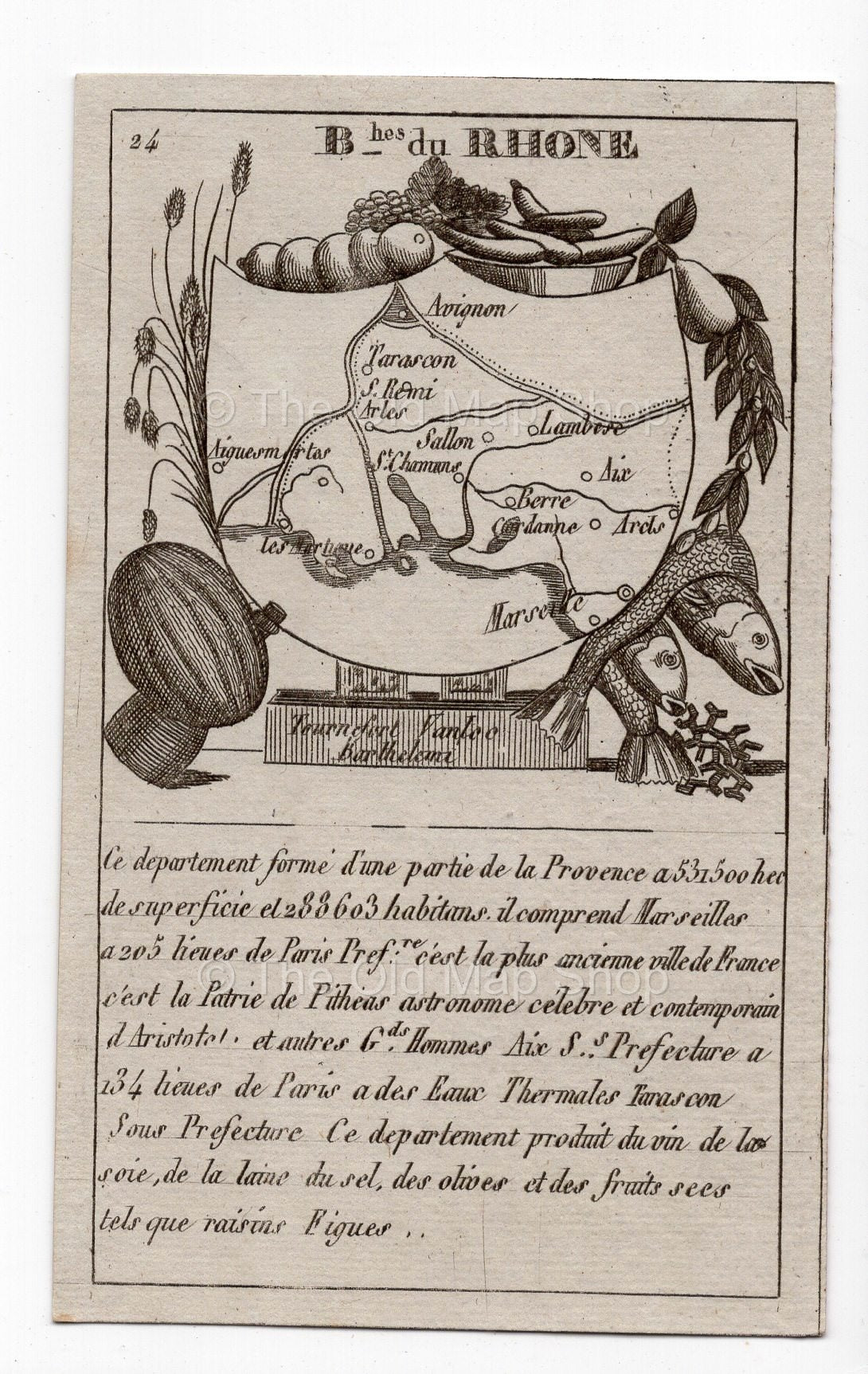 c.1836 Bouches-du-Rhône France antique card map showing Marseille by Bourrut-Le Meri, 3rd edition
