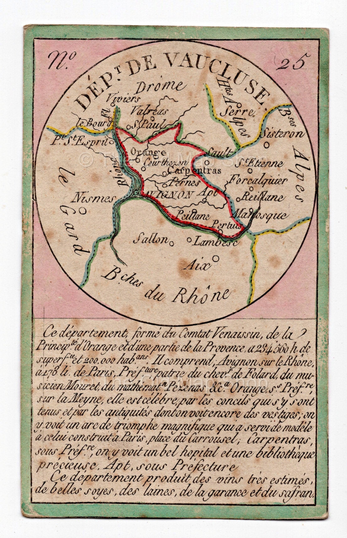 Hand-coloured c.1819 Vaucluse France antique card map by Bourrut-Le Meri, rare first edition