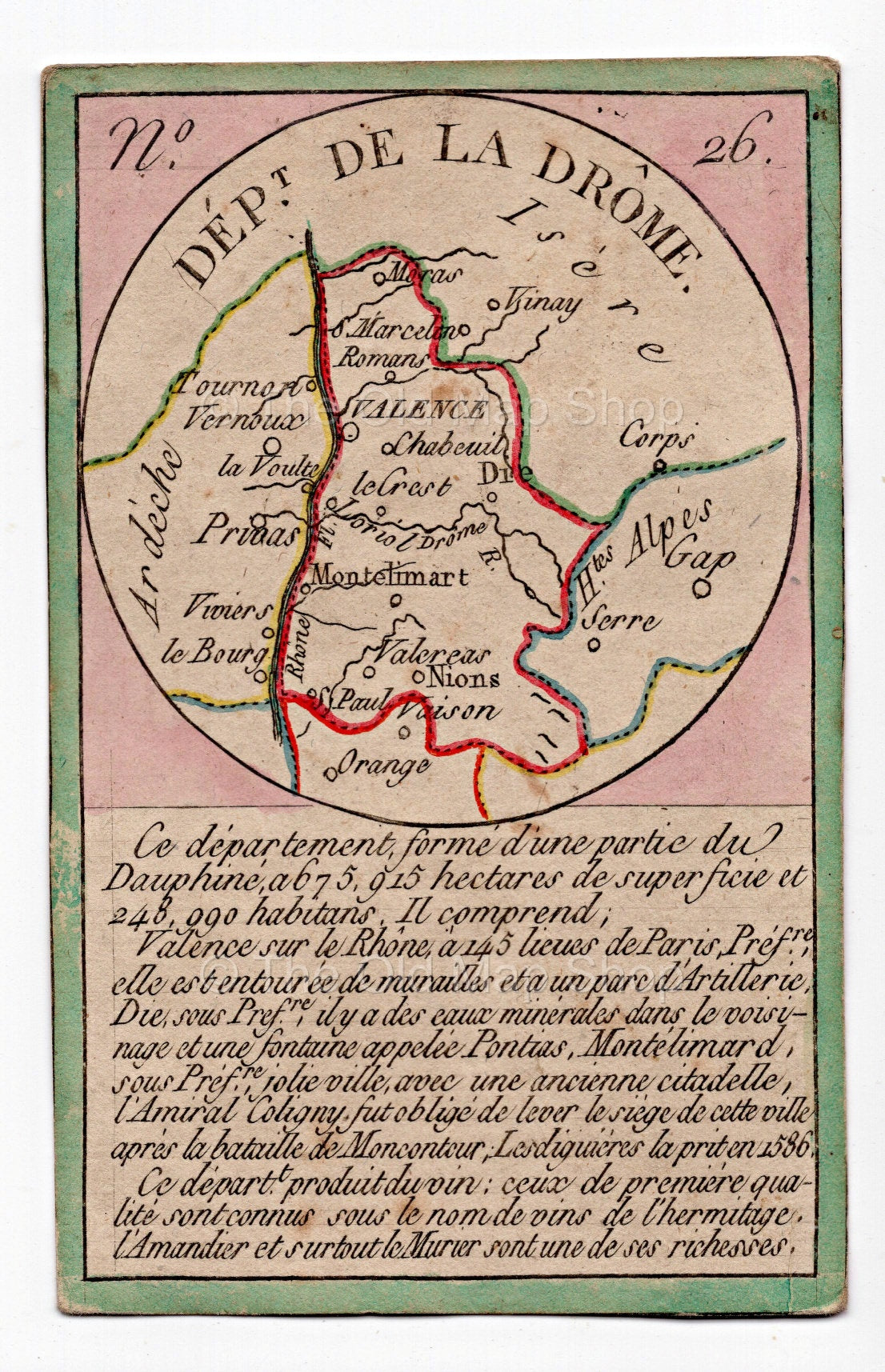 Hand-coloured c.1819 Drome France antique card map by Bourrut-Le Meri, rare first edition