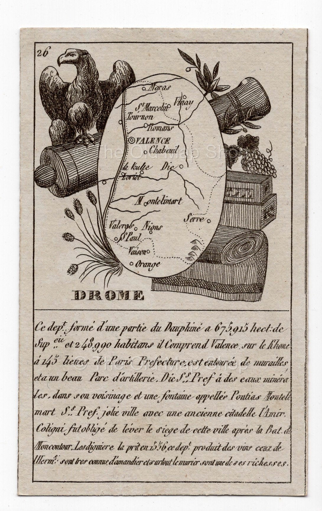 c.1836 Drôme France antique card map showing Valence & Montelimar by Bourrut-Le Meri, 3rd edition
