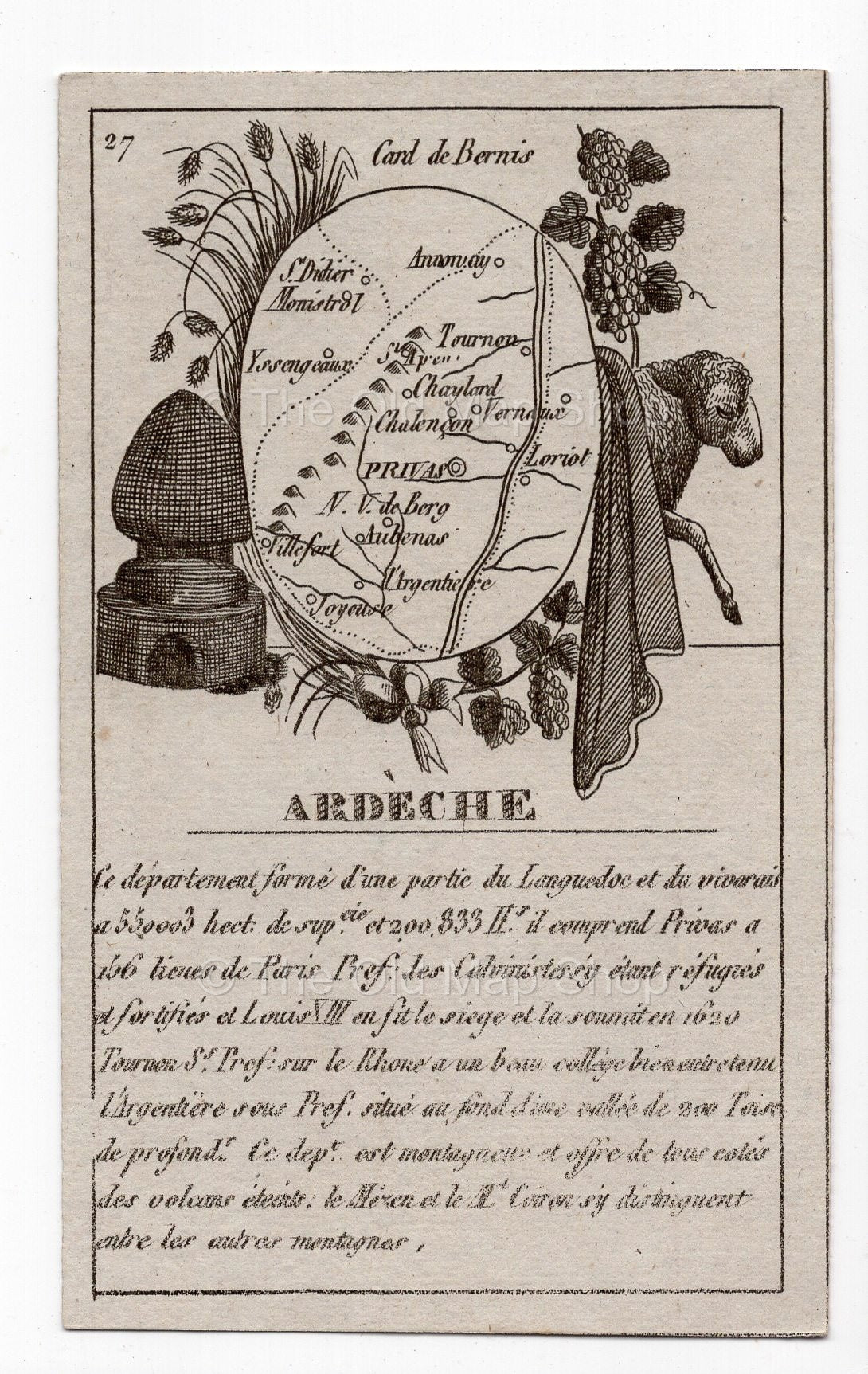 c.1836 Ardèche France antique card map showing Annonay by Bourrut-Le Meri, 3rd edition