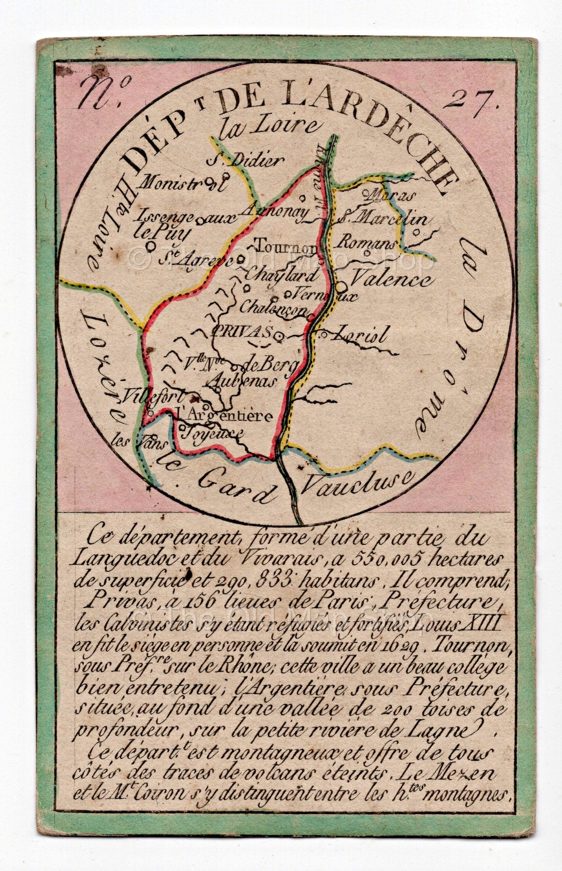Hand-coloured c.1819 Ardeche France antique card map by Bourrut-Le Meri, rare first edition
