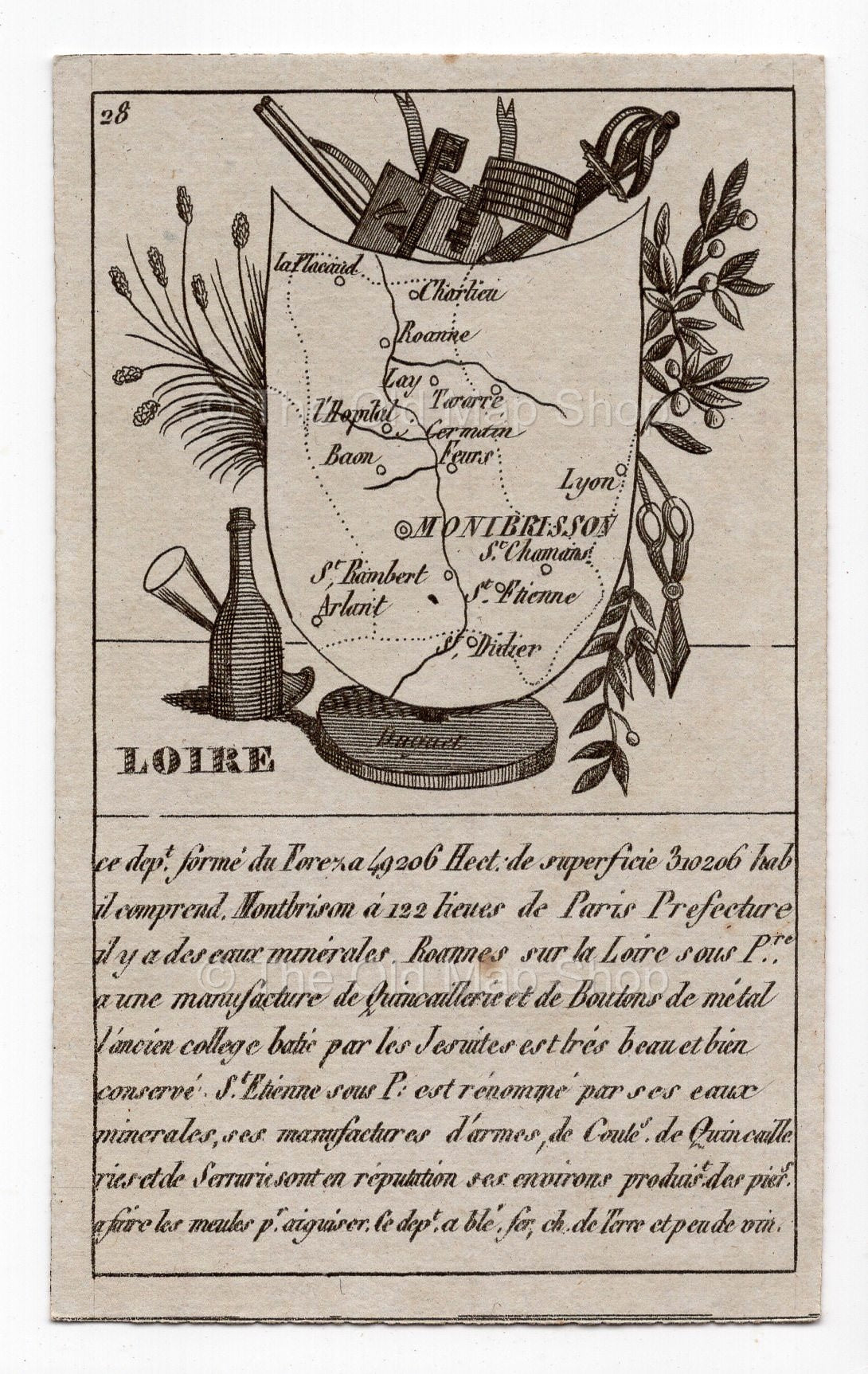 c.1836 Loire France antique card map showing Lyon & Roanne by Bourrut-Le Meri, 3rd edition