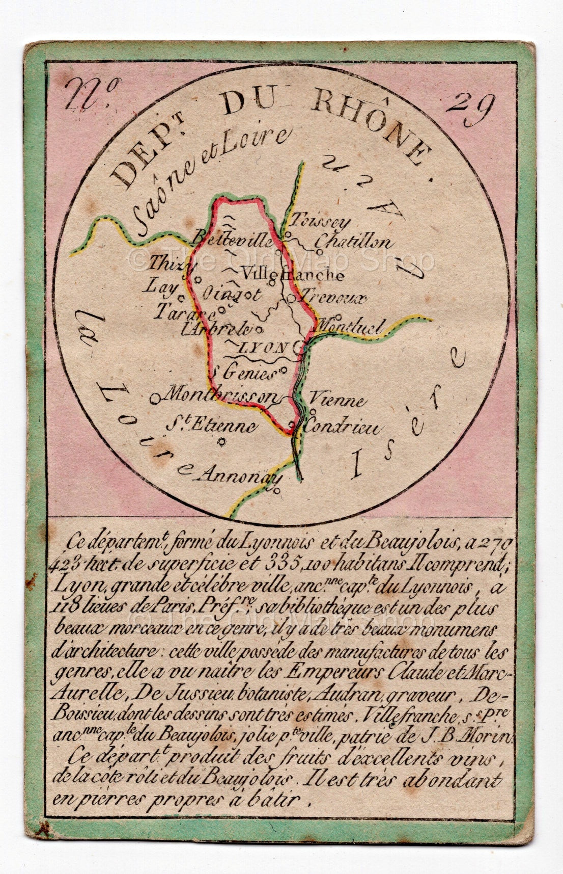 Hand-coloured c.1819 Rhone France antique card map by Bourrut-Le Meri, rare first edition