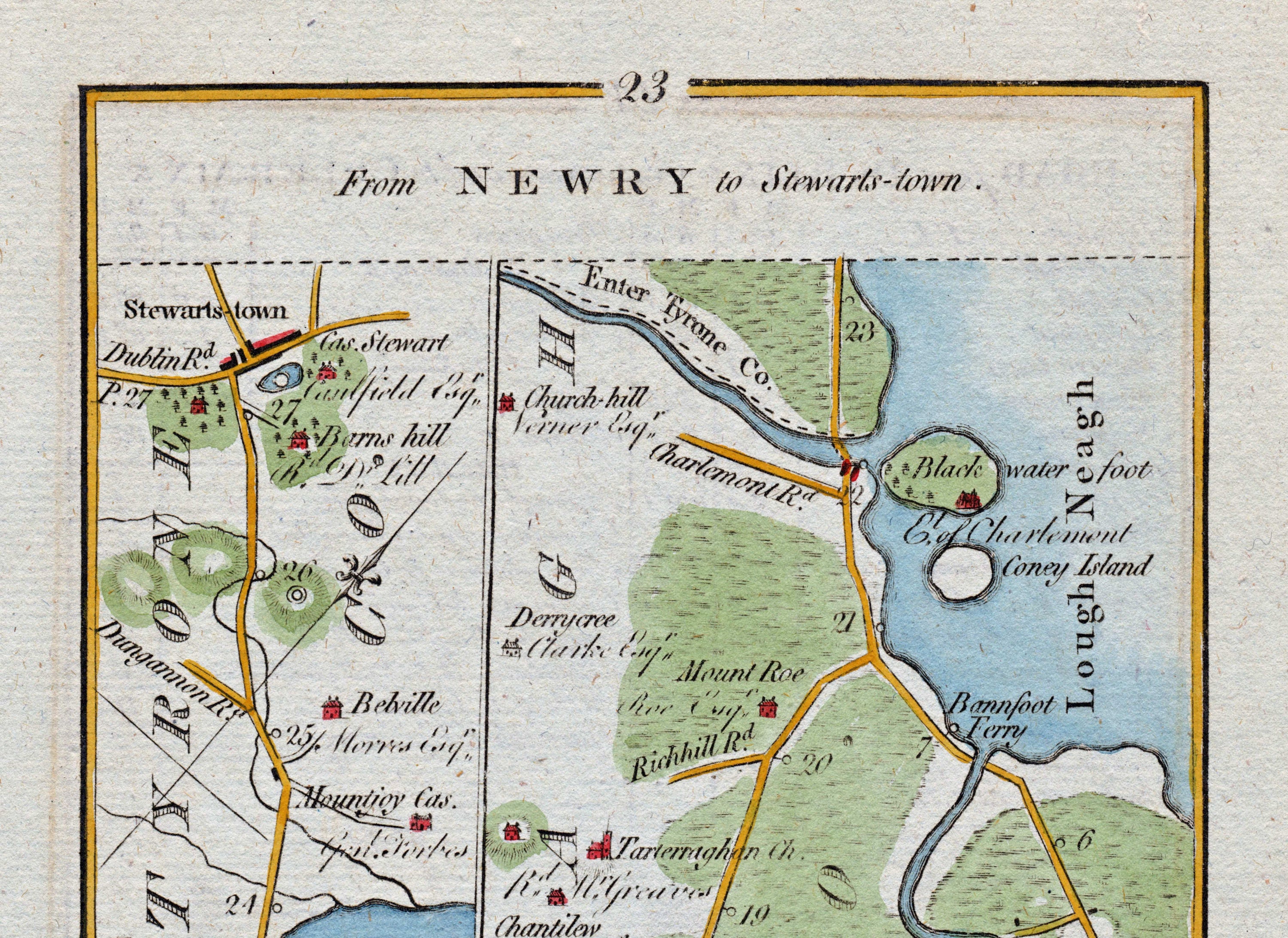 Upper detail of 1783 Taylor & Skinner Map 23 showing Stewartstown, Blackwater Foot, Bannfoot Ferry, Charlemont and Lough Neagh.