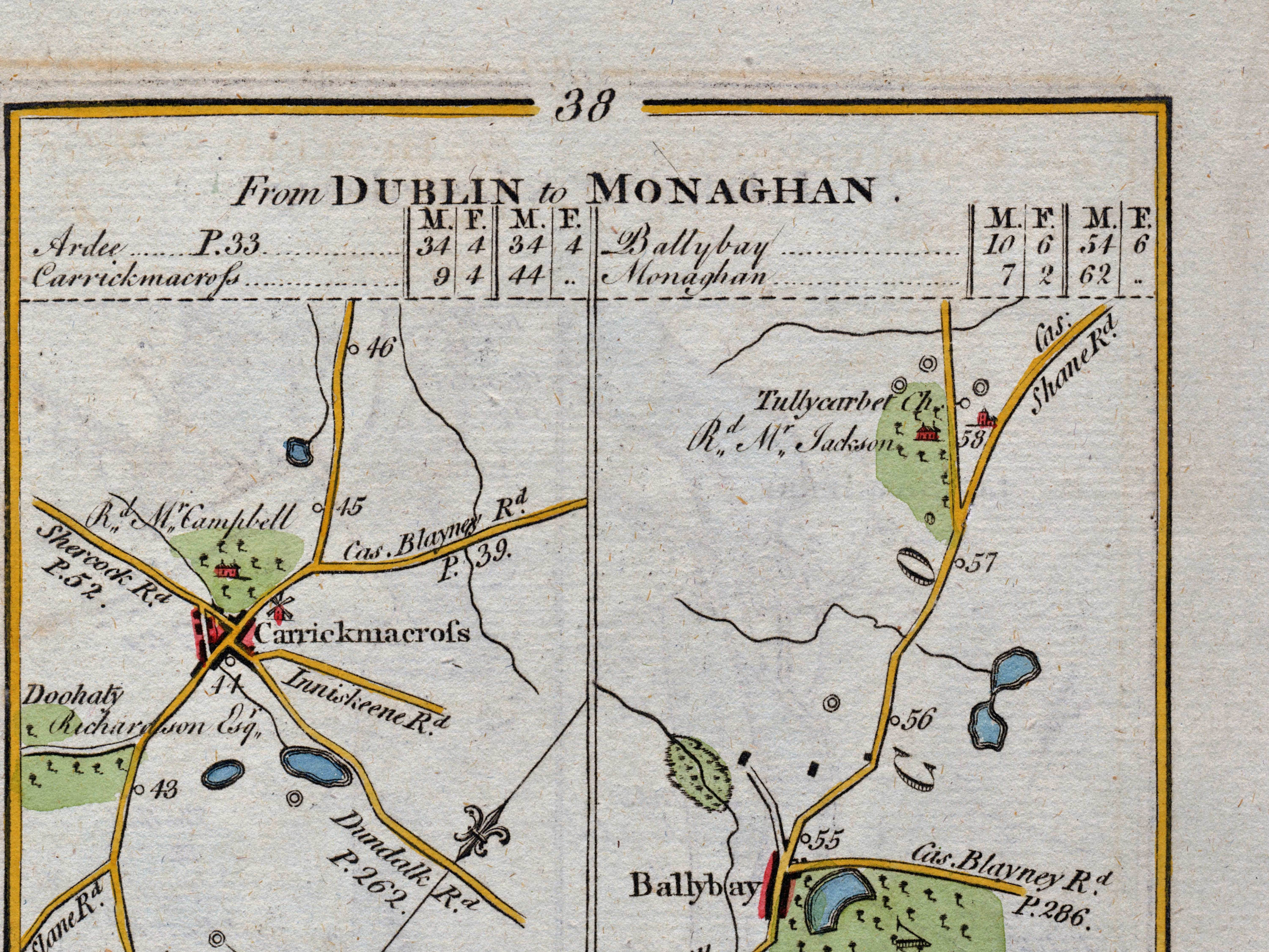 Upper detail of 1783 Taylor & Skinner Map 38 showing Carrickmacross, Ballybay and Tullycorbet Church in County Monaghan. The wider map also covers County Louth.