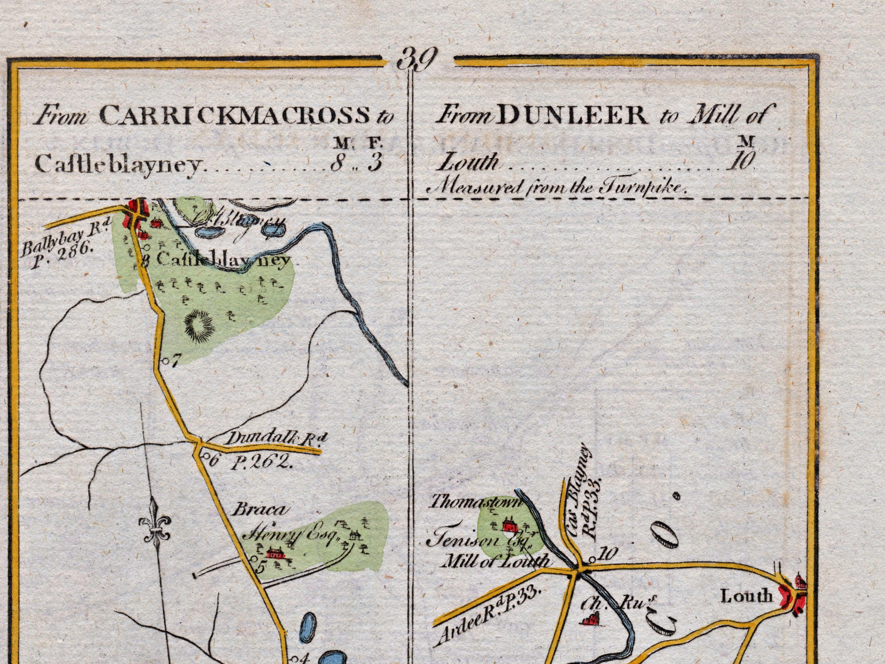Upper detail of 1783 Taylor & Skinner Map 39 showing Castleblayney, Braca and the Mill of Louth with connecting roads through Monaghan. The map covers Counties Louth and Monaghan.