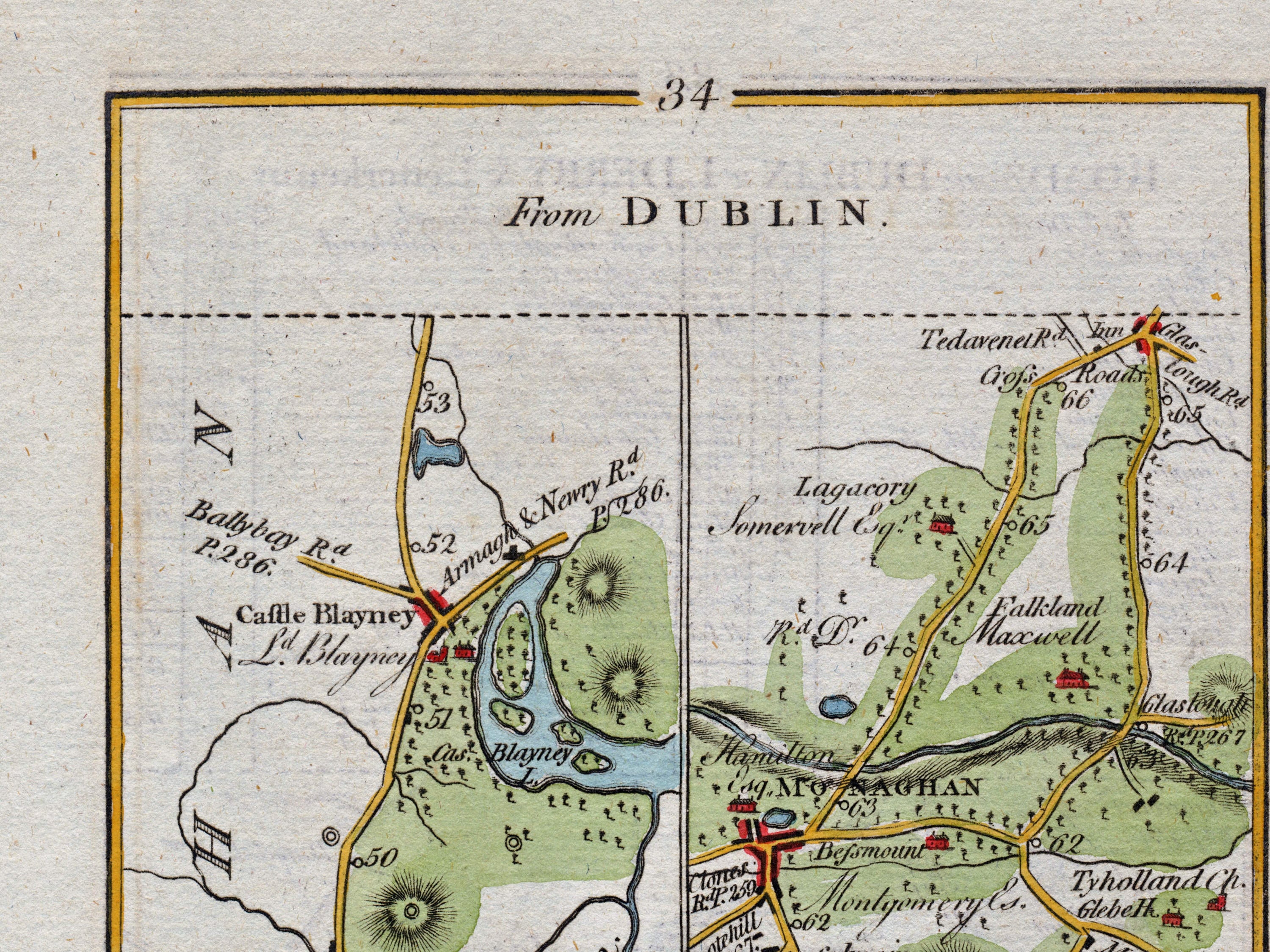 Upper detail of 1783 Taylor & Skinner Map 34 showing Castleblayney, Lough Blayney, Braca and roads through County Monaghan.