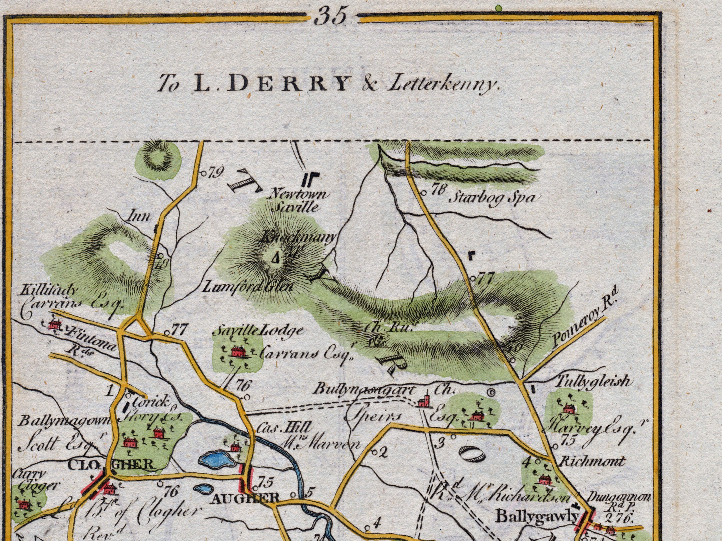 Upper detail of 1783 Taylor & Skinner Map 35 showing Clogher, Augher, Ballynasaggart Church and Saville Lodge in County Tyrone.