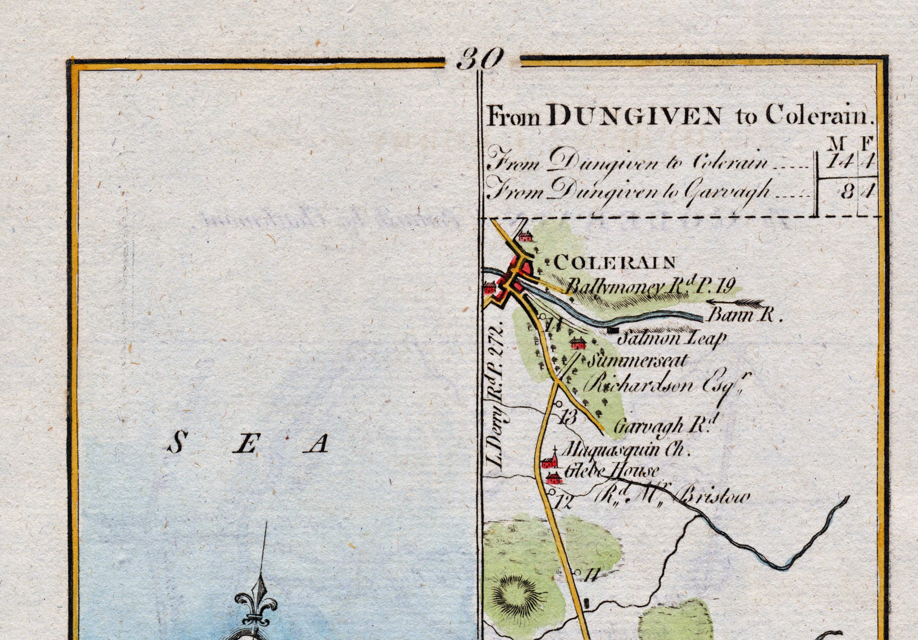 Upper detail of 1783 Taylor & Skinner Map 30 showing Coleraine, Macosquin, the River Bann and Salmon Leap in County Londonderry.