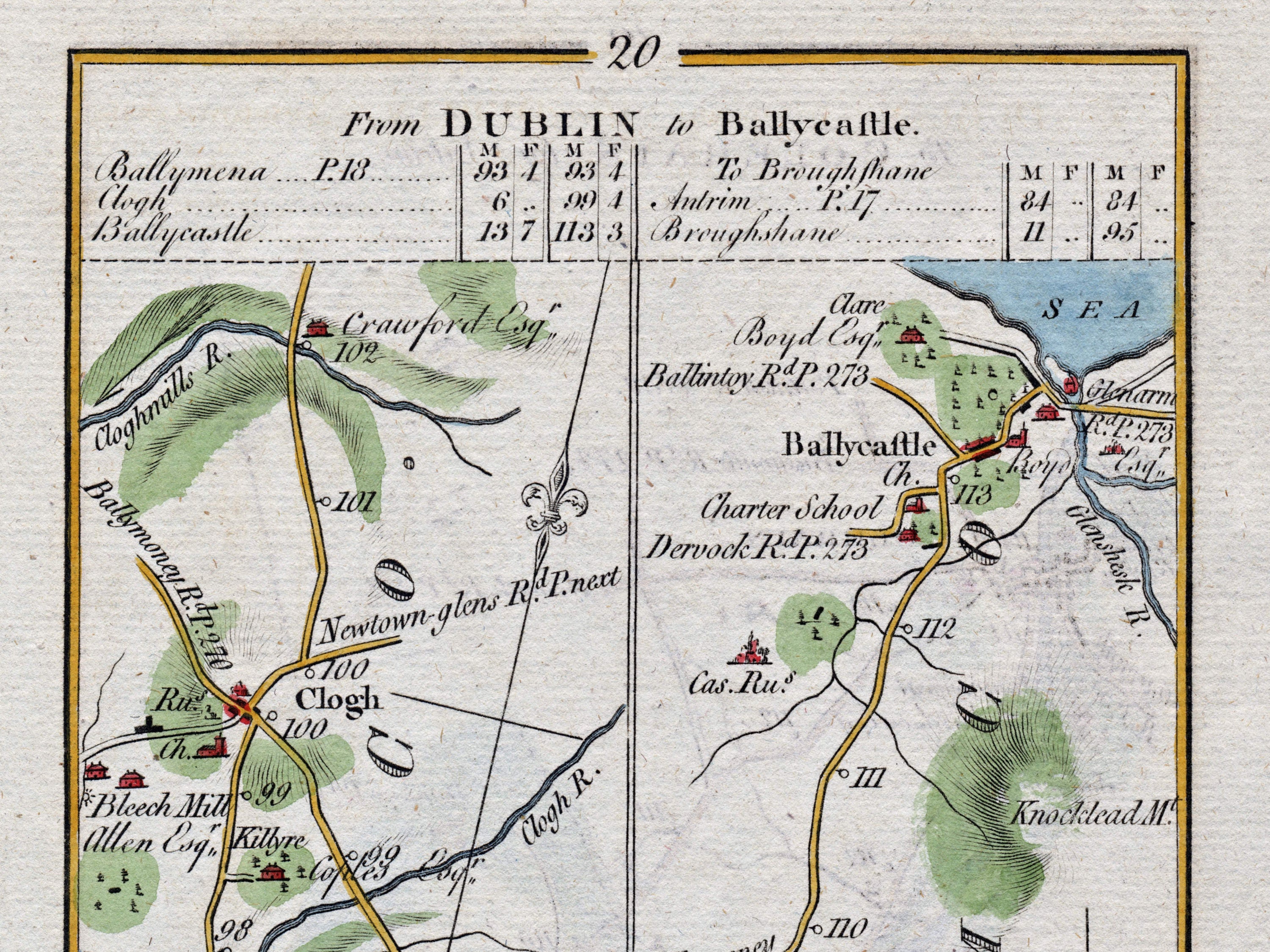 Upper detail of 1783 Taylor & Skinner Map 20 showing Clogh, Ballycastle, Glenarm and the Newtown Glens road