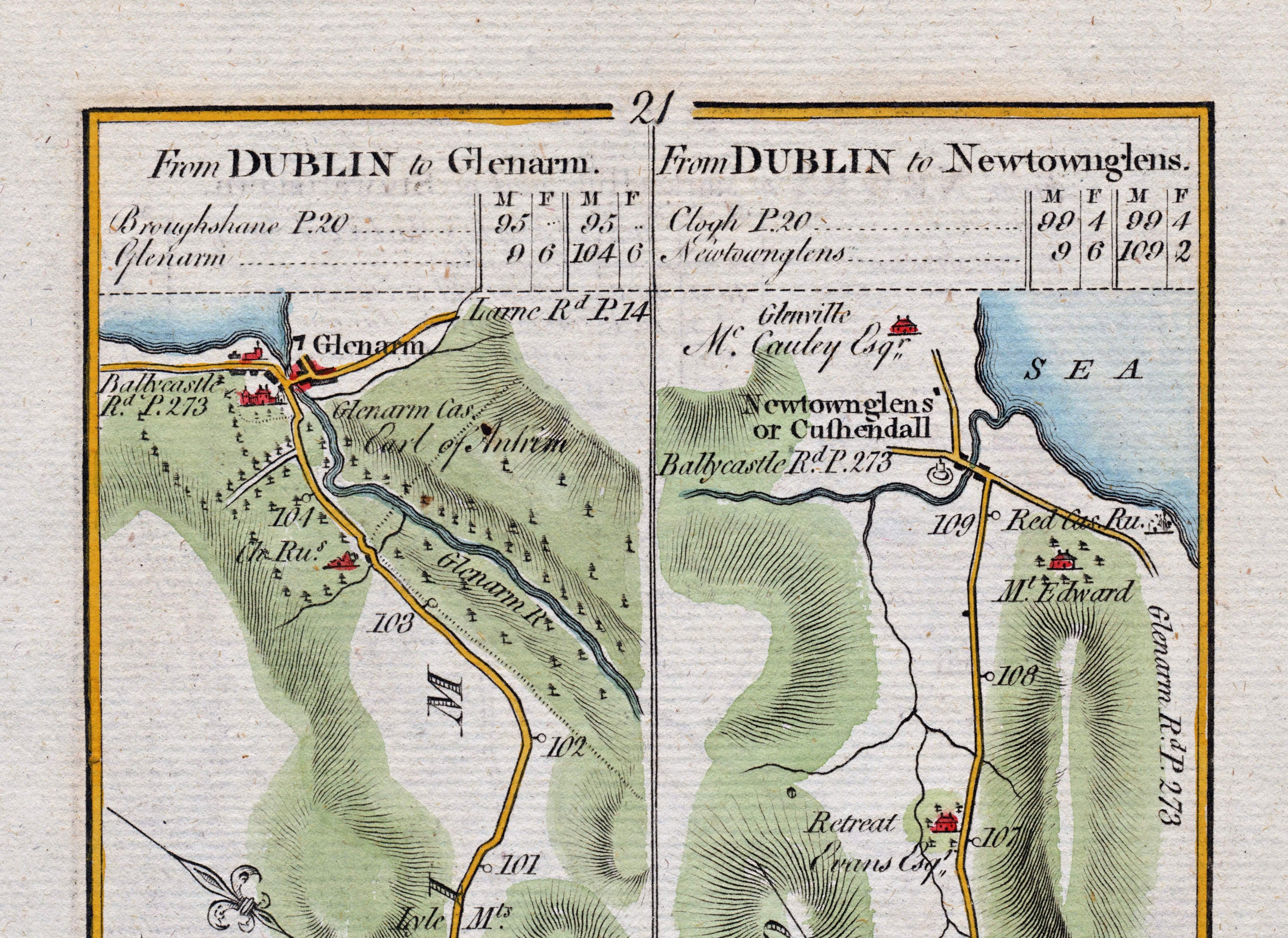 Upper detail of 1783 Taylor & Skinner Map 21 showing Glenarm Castle, Newtownglens or Cushendall, Red Bay and the Antrim coast.