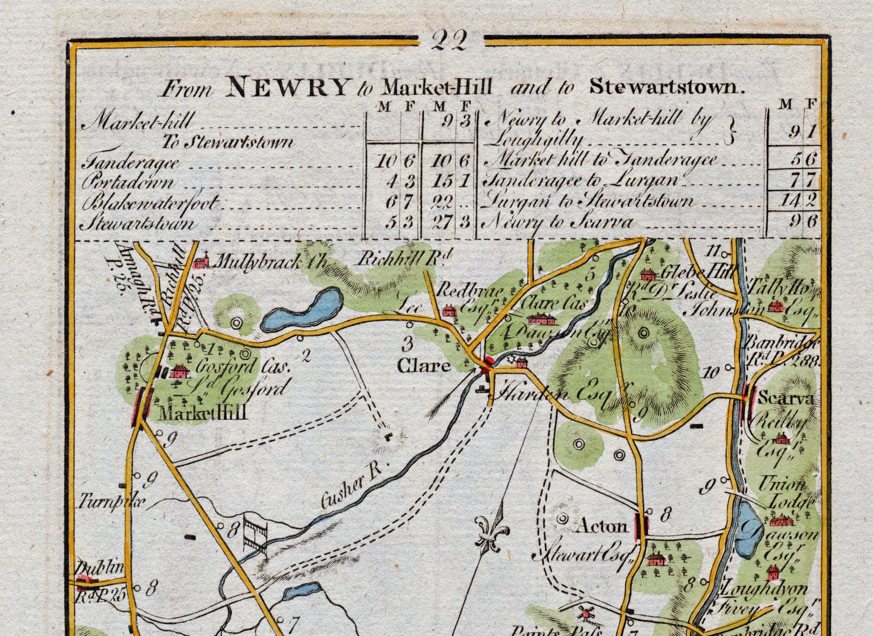 Upper detail of 1783 Taylor & Skinner Map 22 showing Markethill, Gosford Castle, Clare, Acton and Scarva in Counties Armagh and Down.