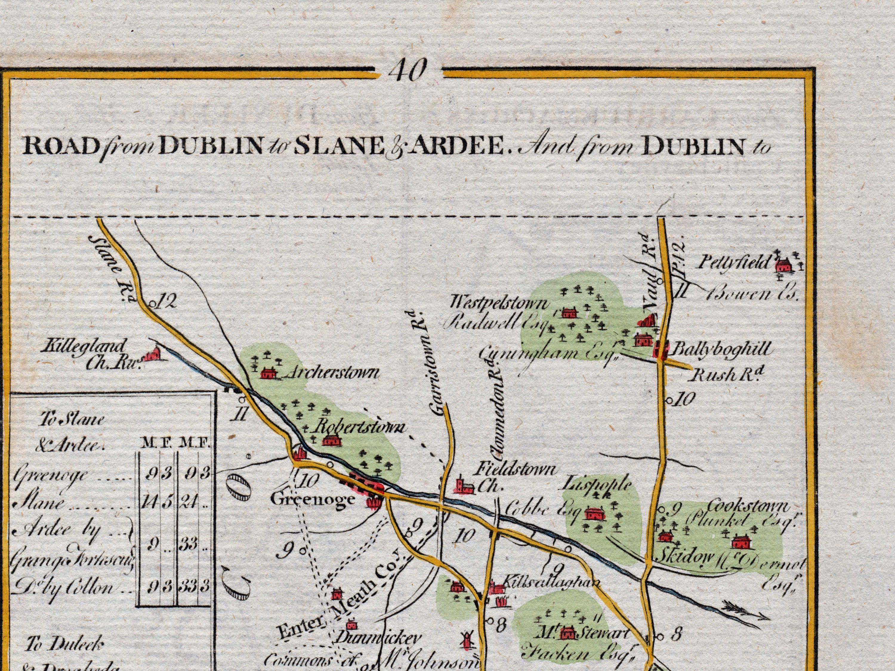 Upper detail of 1783 Taylor & Skinner Map 40 showing Greenoge, Ballyboghill and Fieldstown on the road north of Dublin. The map covers Counties Dublin, Meath and Louth.