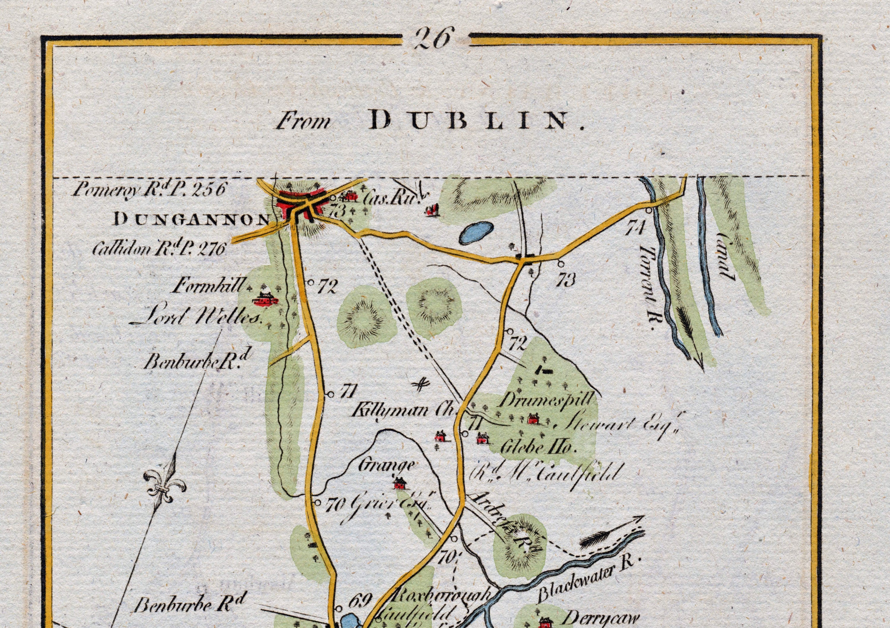 Upper detail of 1783 Taylor & Skinner Map 26 showing Dungannon, Killyman, Drumaspill, Grange and the River Blackwater in County Tyrone.