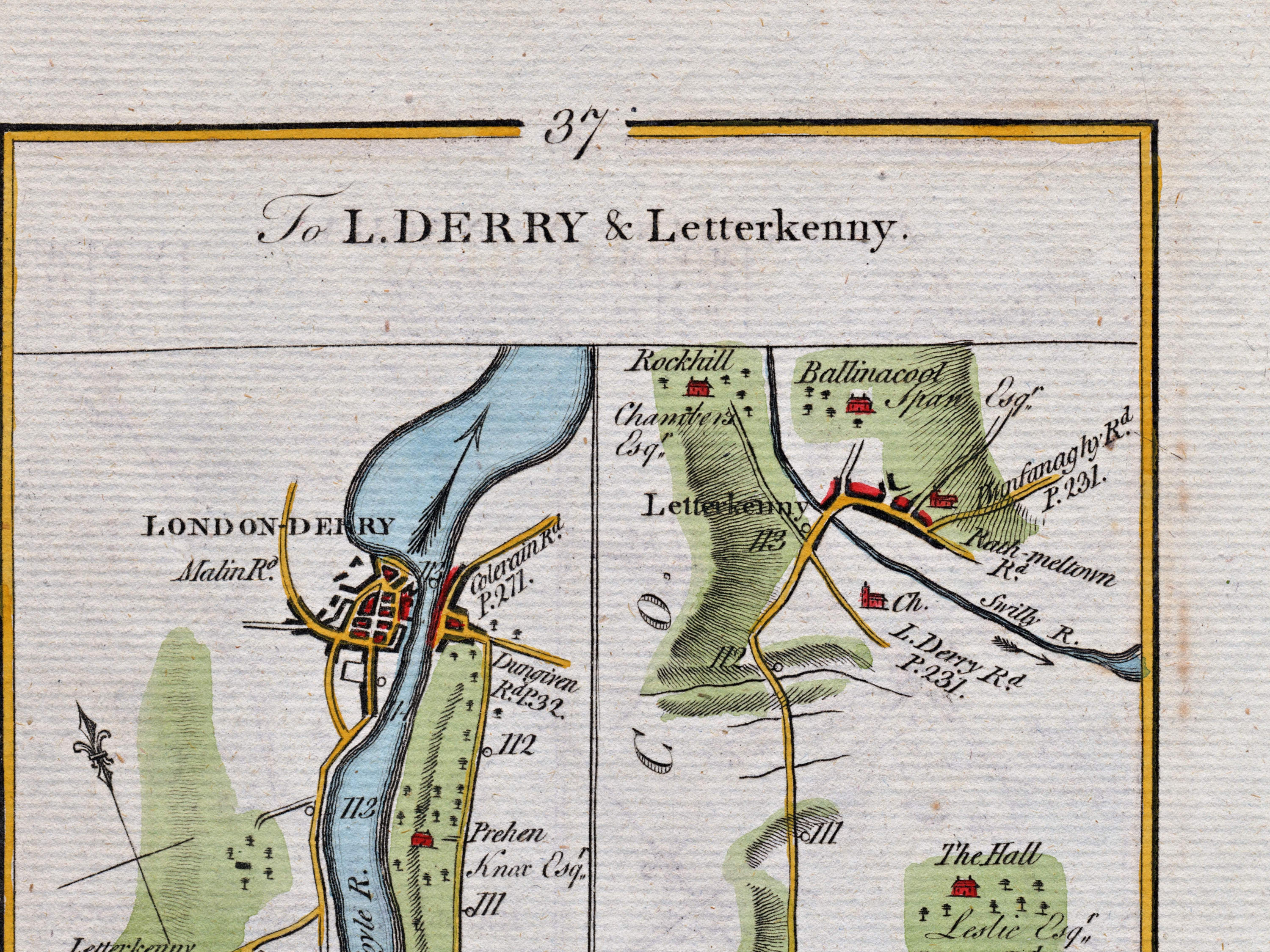 Upper detail of 1783 Taylor & Skinner Map 37 showing Londonderry, Letterkenny, the River Foyle and River Swilly. The map covers Counties Londonderry and Donegal.