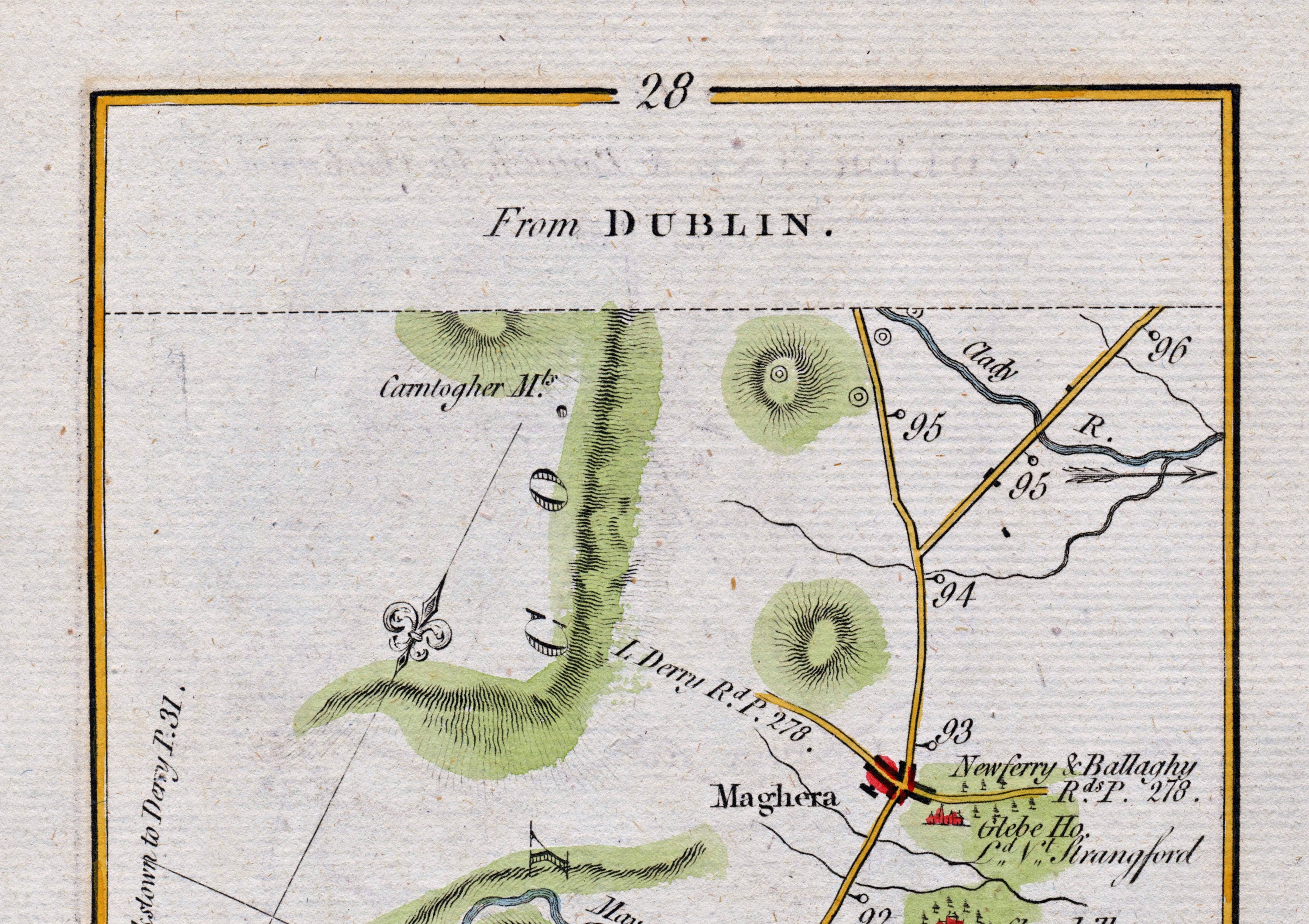 Upper detail of 1783 Taylor & Skinner Map 28 showing Maghera, Newferry, Bellaghy and the Clady River in County Londonderry.