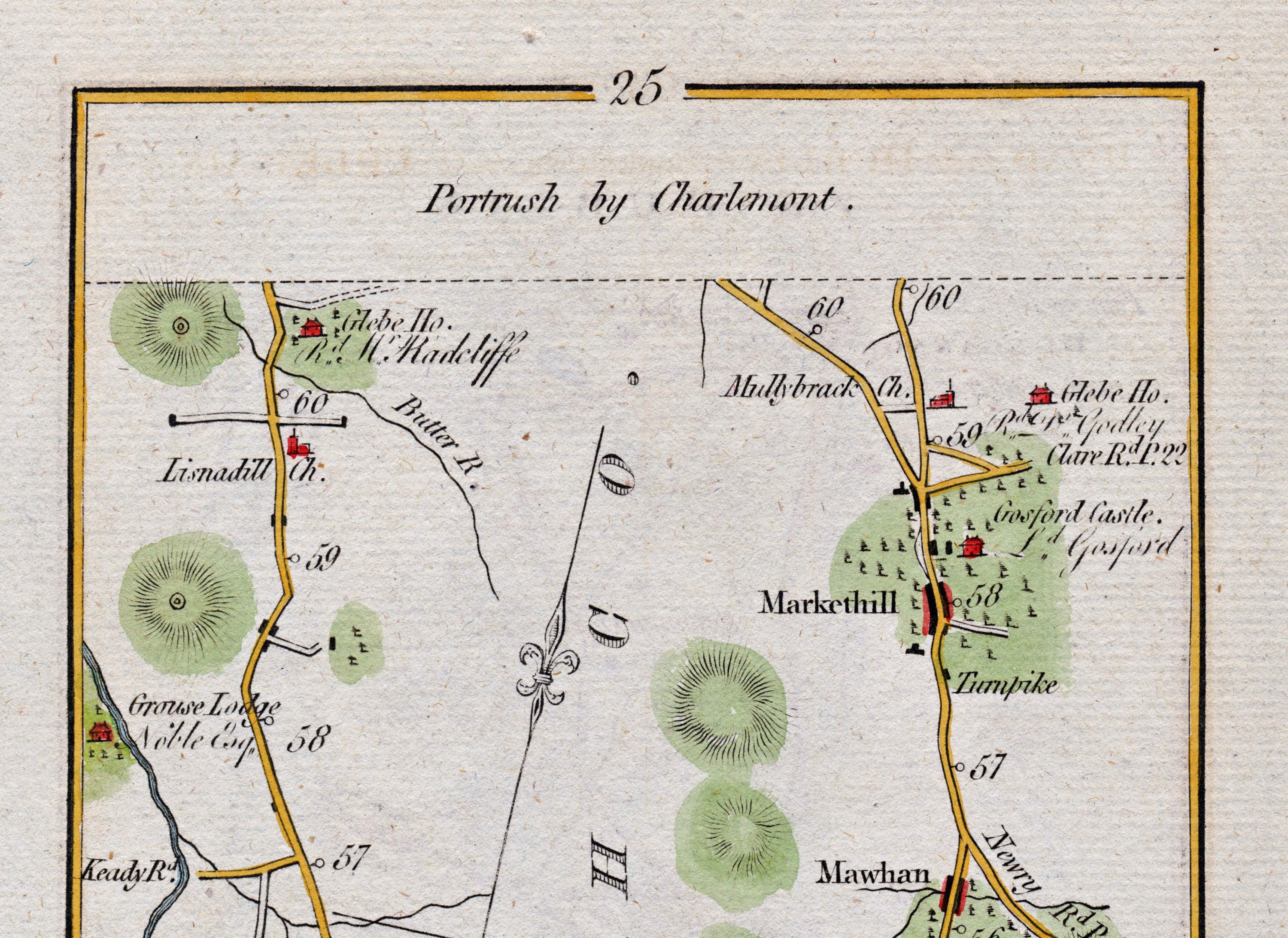 Upper detail of 1783 Taylor & Skinner Map 25 showing Markethill, Gosford Castle, Mullabrack Church and Lisnadill Church in County Armagh.