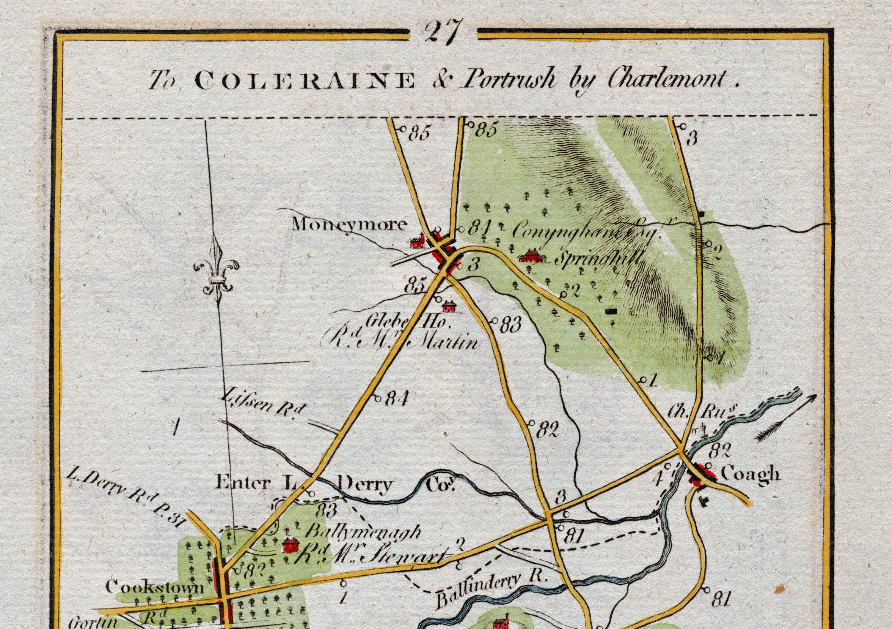 Upper detail of 1783 Taylor & Skinner Map 27 showing Moneymore, Coagh, Cookstown and Springhill between Counties Tyrone and Londonderry.