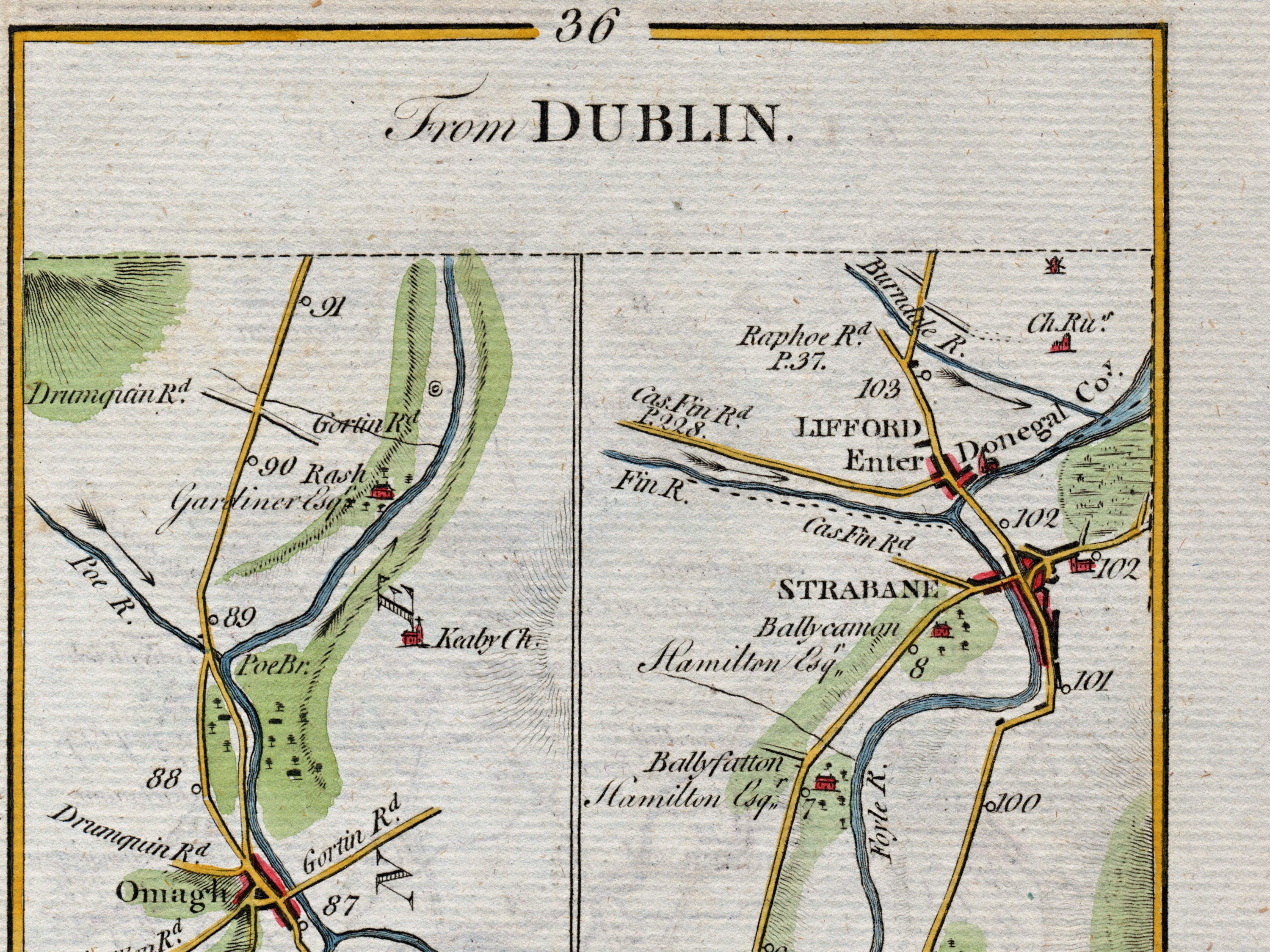 Upper detail of 1783 Taylor & Skinner Map 36 showing Omagh, Strabane, Lifford and the River Foyle across Counties Tyrone and Donegal.