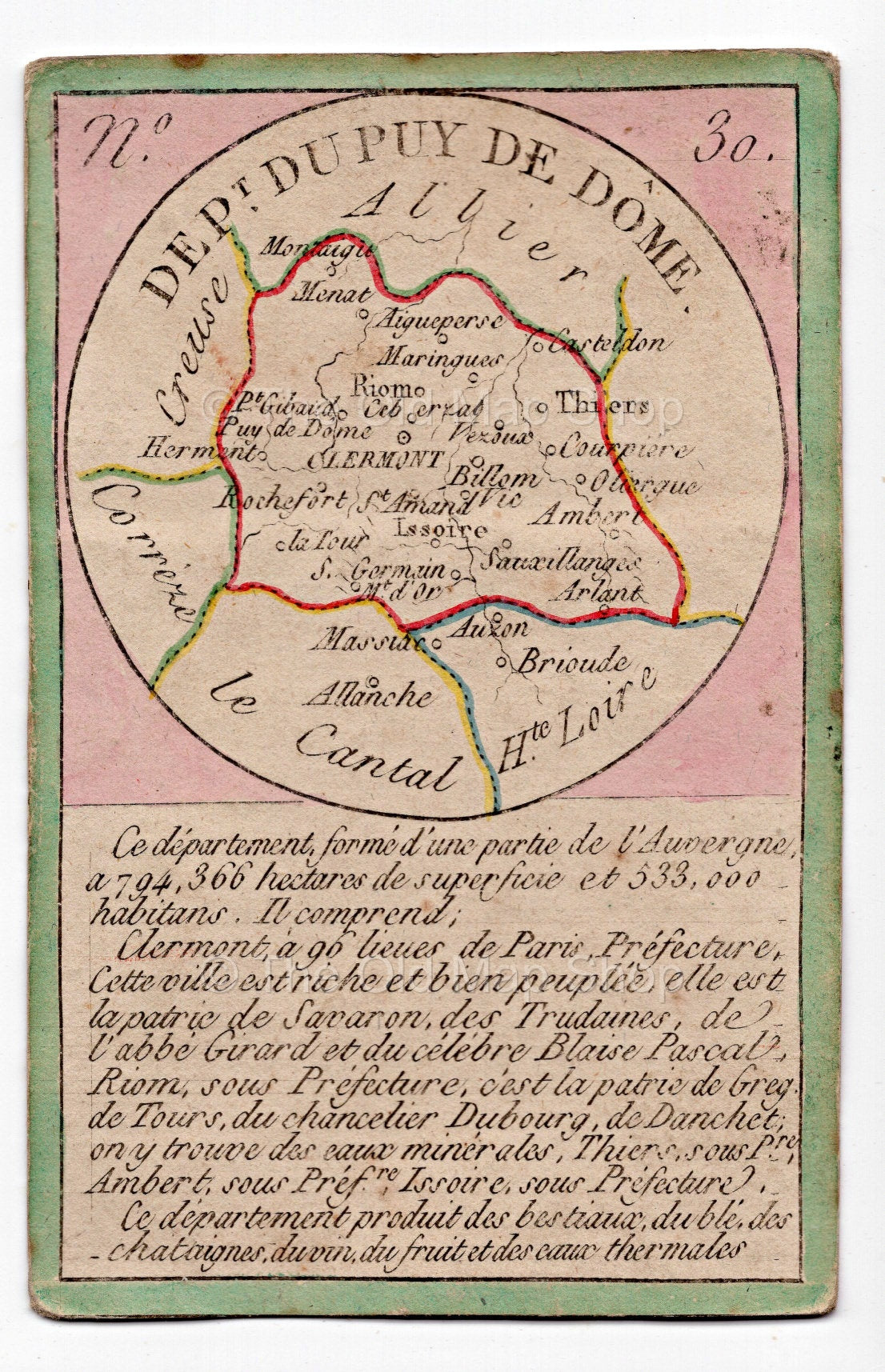 Hand-coloured c.1819 Puy-de-Dome France antique card map by Bourrut-Le Meri, rare first edition