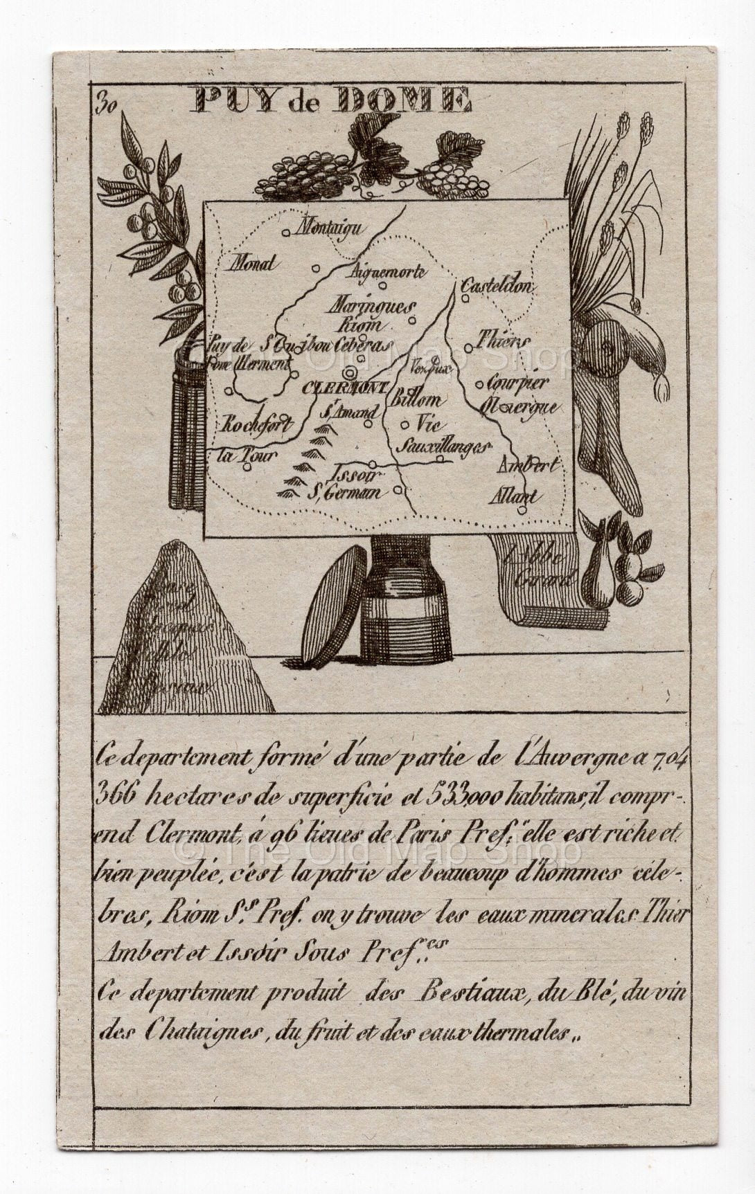 c.1836 Puy-de-Dôme France antique card map showing Issoire & Riom by Bourrut-Le Meri, 3rd edition
